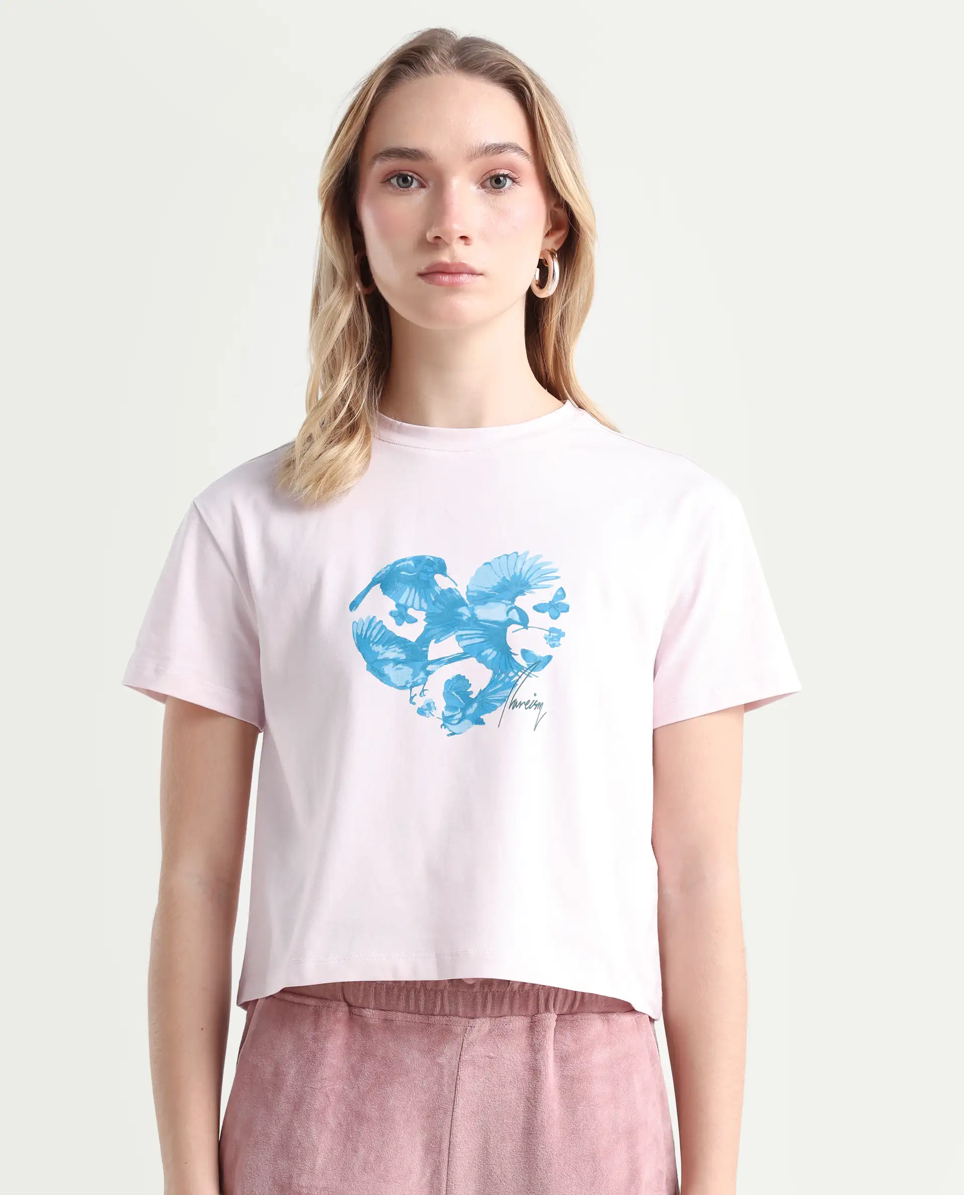 Rareism Women's Sydent Pastel Pink Cotton Blend Crew Neck Graphic Print Crop Regular Fit T-Shirt - Image 3