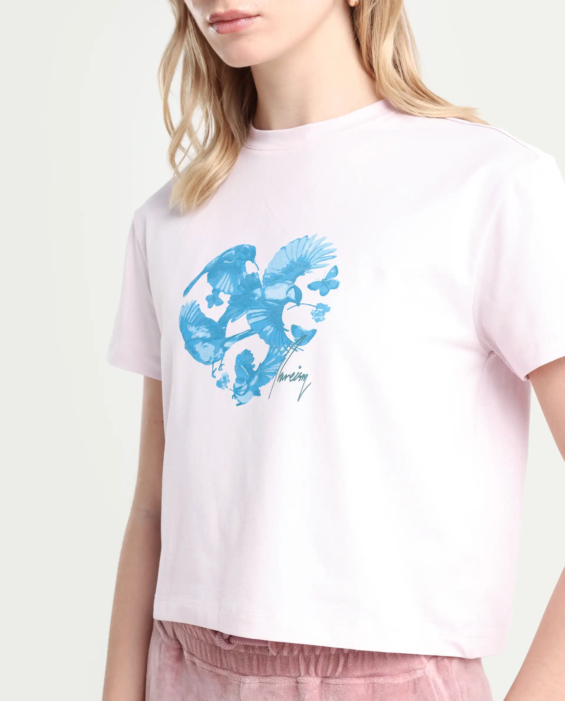 Rareism Women's Sydent Pastel Pink Cotton Blend Crew Neck Graphic Print Crop Regular Fit T-Shirt - Image 4