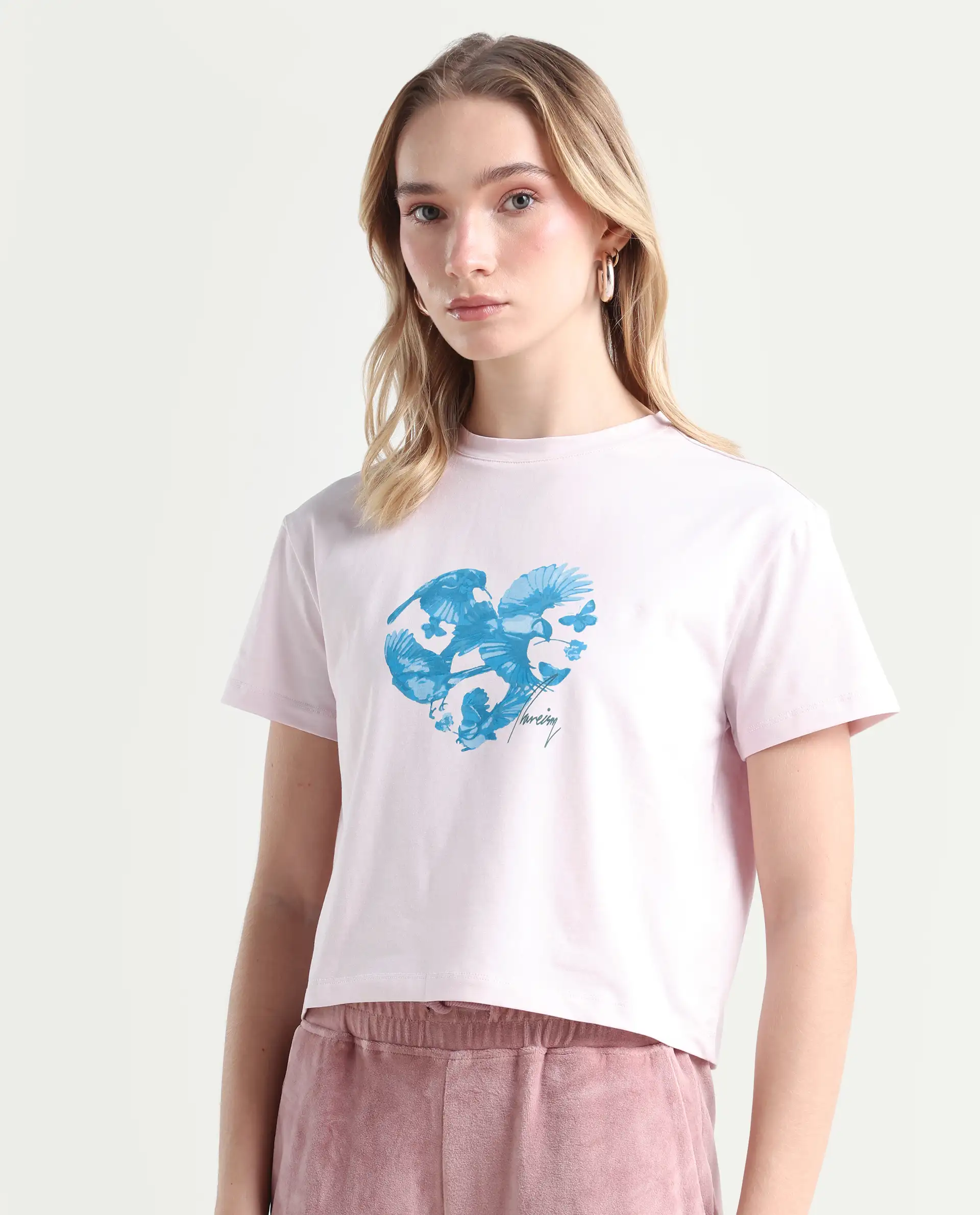 Rareism Women's Sydent Pastel Pink Cotton Blend Crew Neck Graphic Print Crop Regular Fit T-Shirt - Image 5