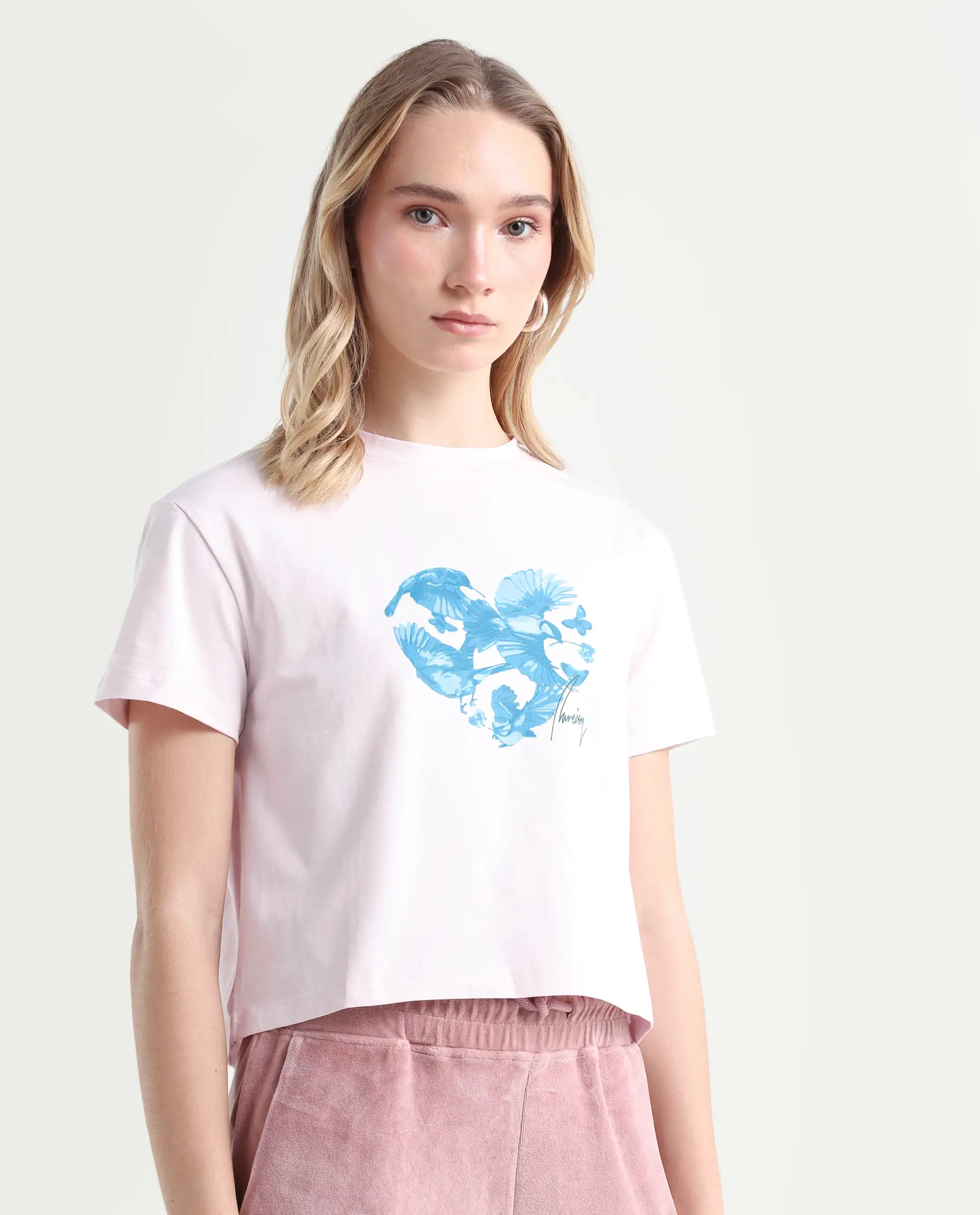 Rareism Women's Sydent Pastel Pink Cotton Blend Crew Neck Graphic Print Crop Regular Fit T-Shirt - Image 6
