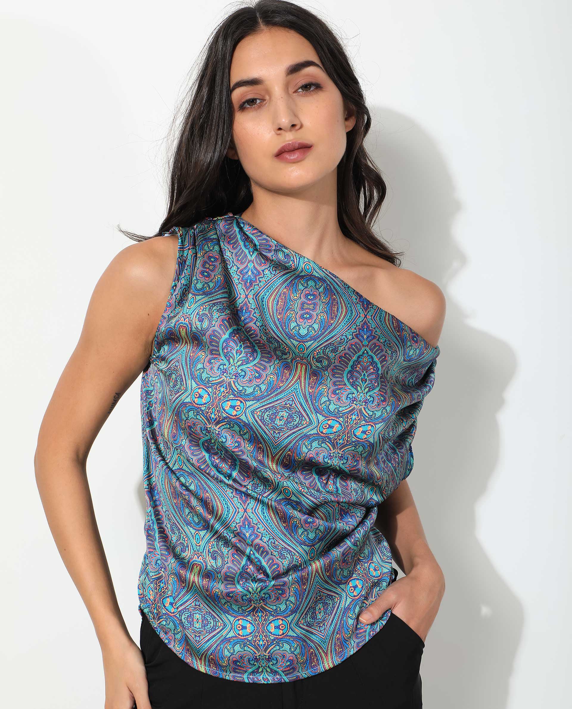 Rareism Women's Sydney Blue Polyester Tube Neck Abstract Print Sleeveless Regular Fit Top