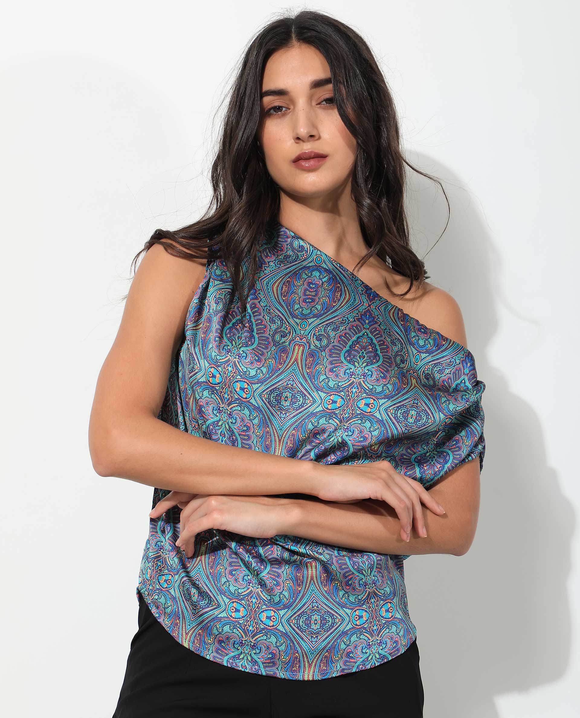 Rareism Women's Sydney Blue Polyester Tube Neck Abstract Print Sleeveless Regular Fit Top - Image 3