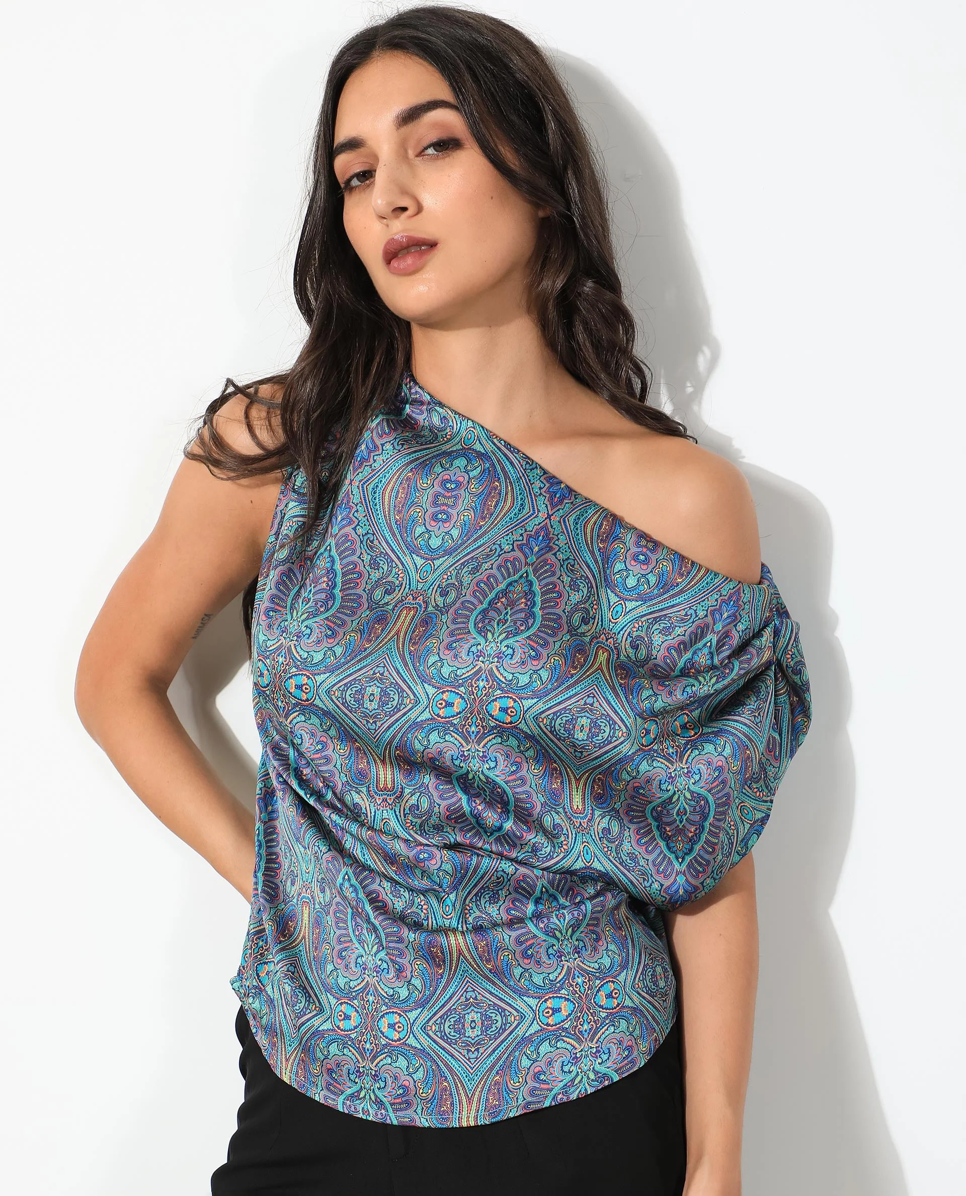 Rareism Women's Sydney Blue Polyester Tube Neck Abstract Print Sleeveless Regular Fit Top - Image 4
