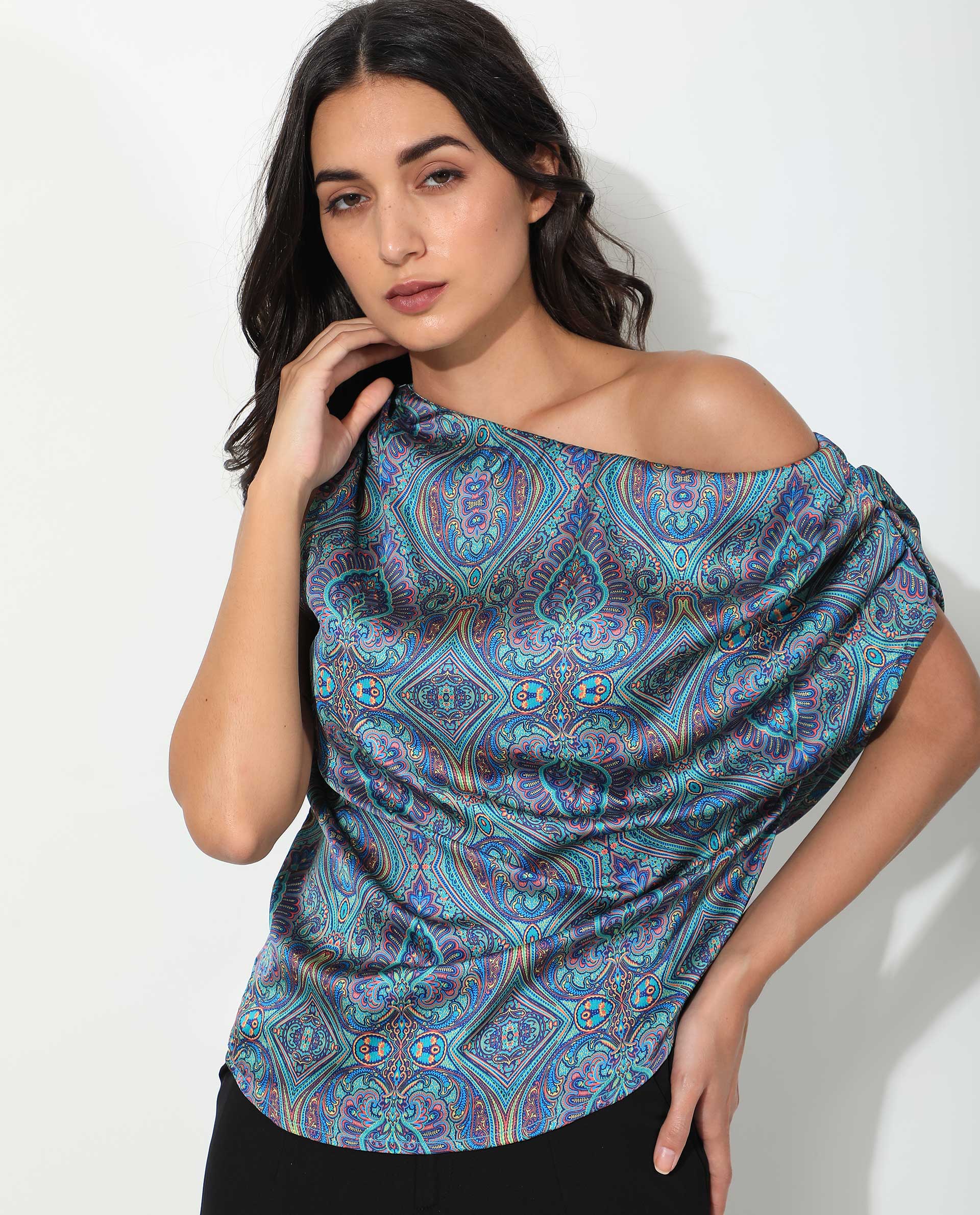Rareism Women's Sydney Blue Polyester Tube Neck Abstract Print Sleeveless Regular Fit Top - Image 5
