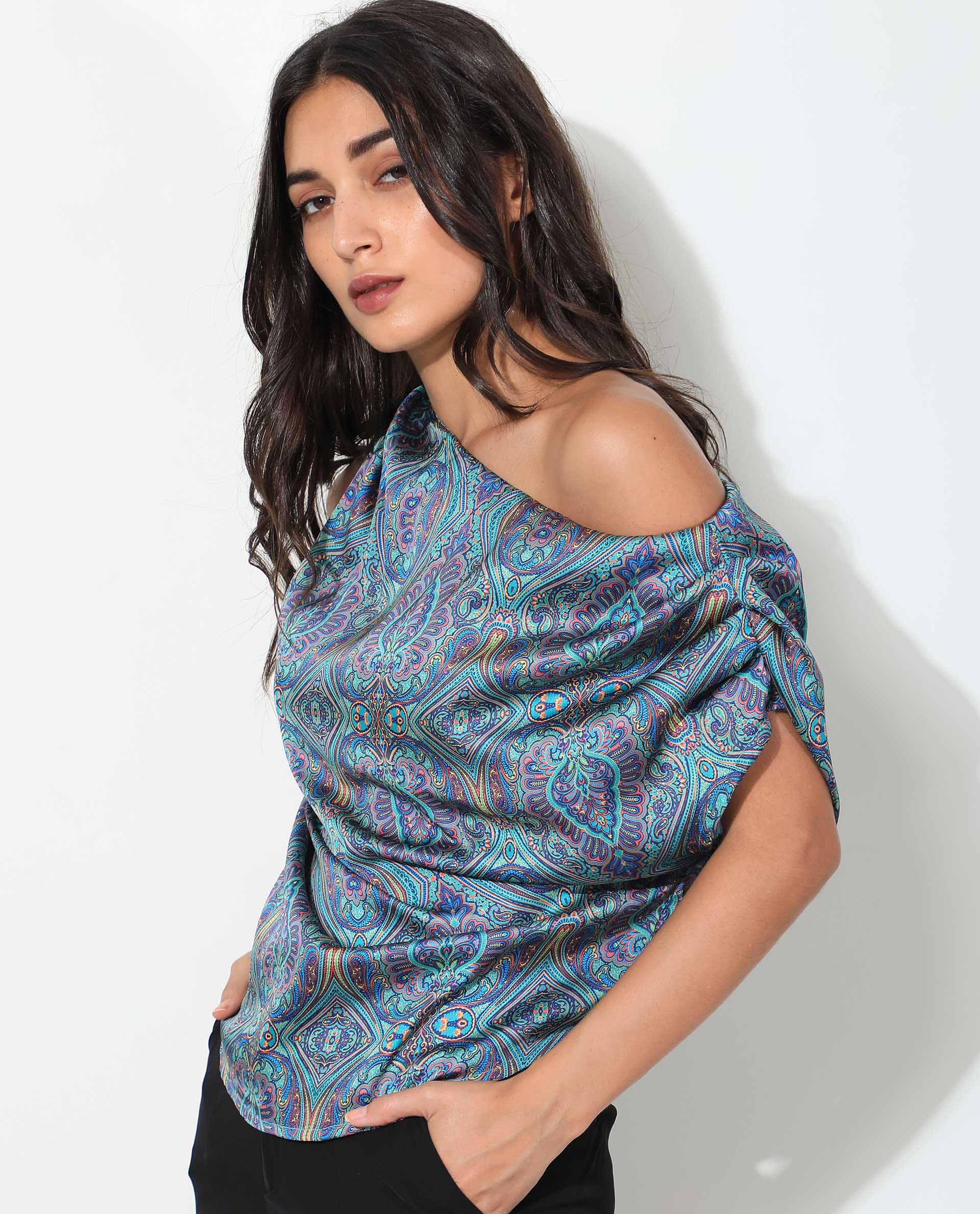Rareism Women's Sydney Blue Polyester Tube Neck Abstract Print Sleeveless Regular Fit Top - Image 7