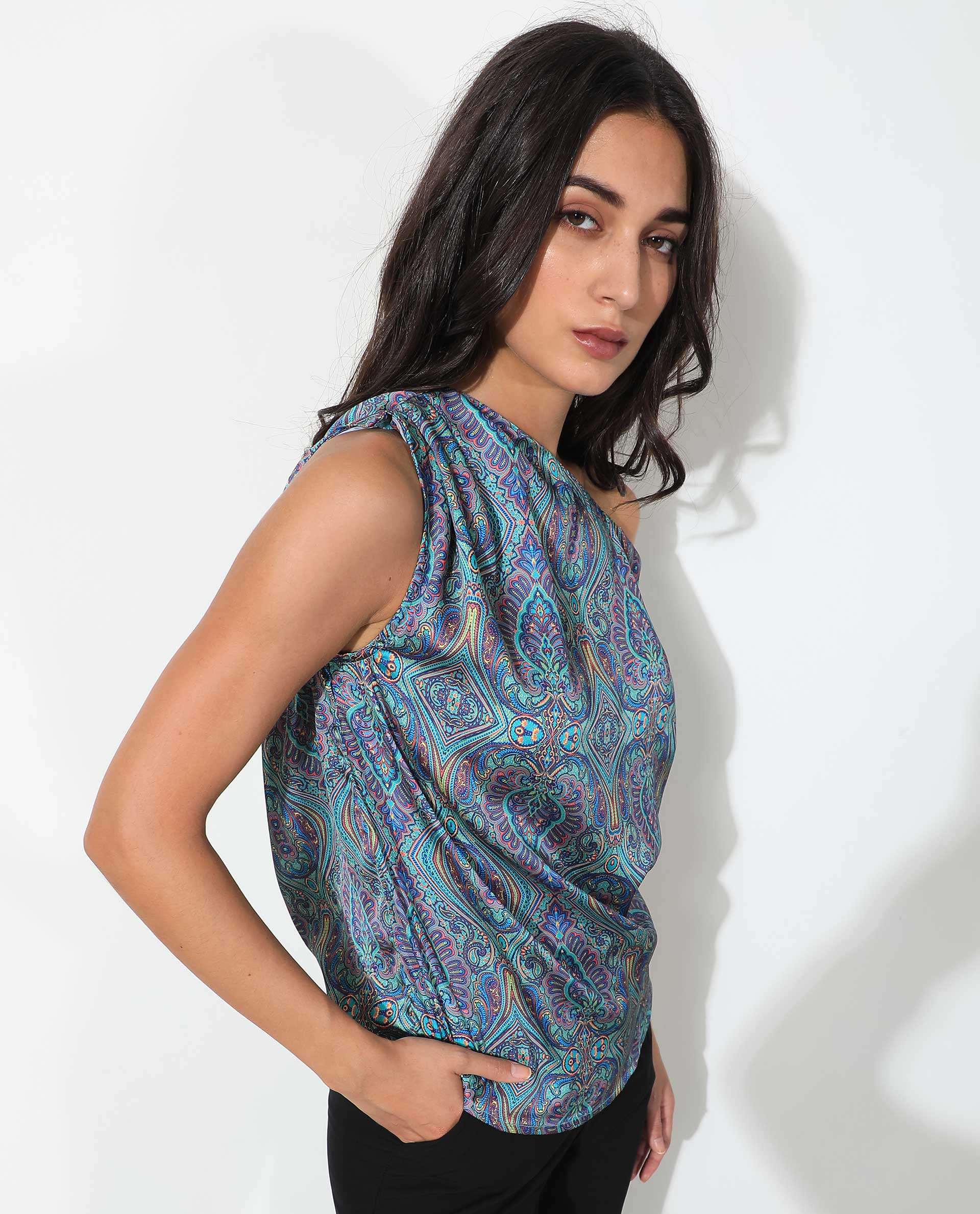 Rareism Women's Sydney Blue Polyester Tube Neck Abstract Print Sleeveless Regular Fit Top - Image 8