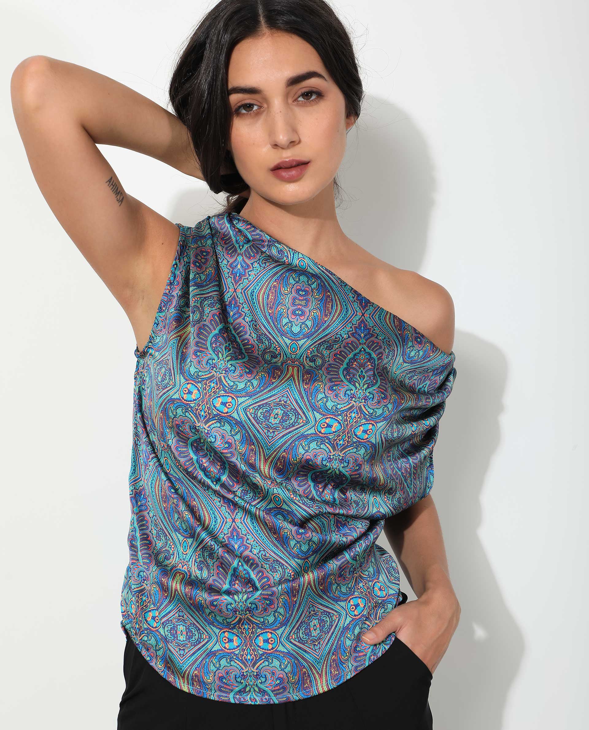 Rareism Women's Sydney Blue Polyester Tube Neck Abstract Print Sleeveless Regular Fit Top - Image 9