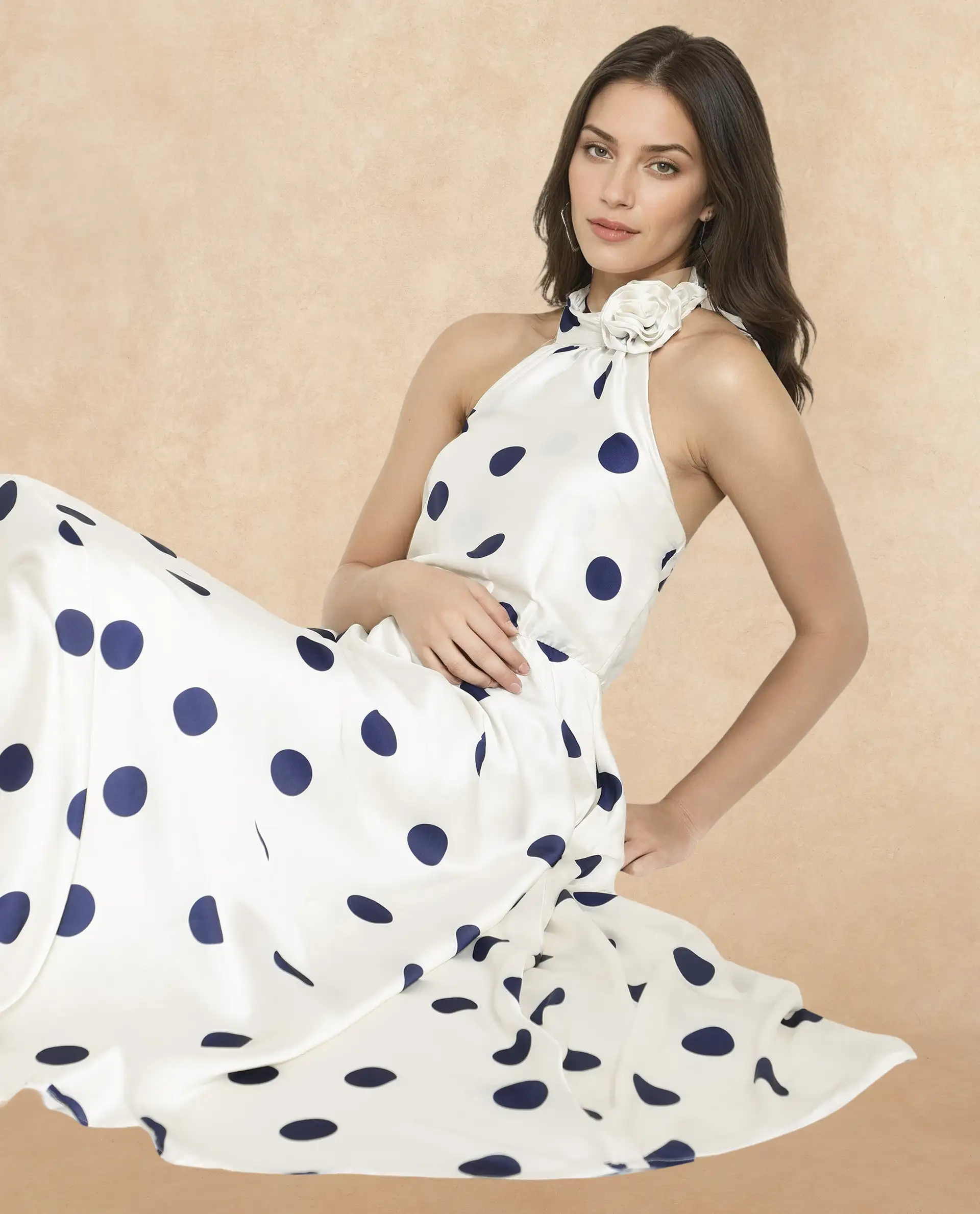 Rareism Women's Sydrow White Halter Neck Polka Print Sleeveless Maxi Fit And Flare Dress - Image 2
