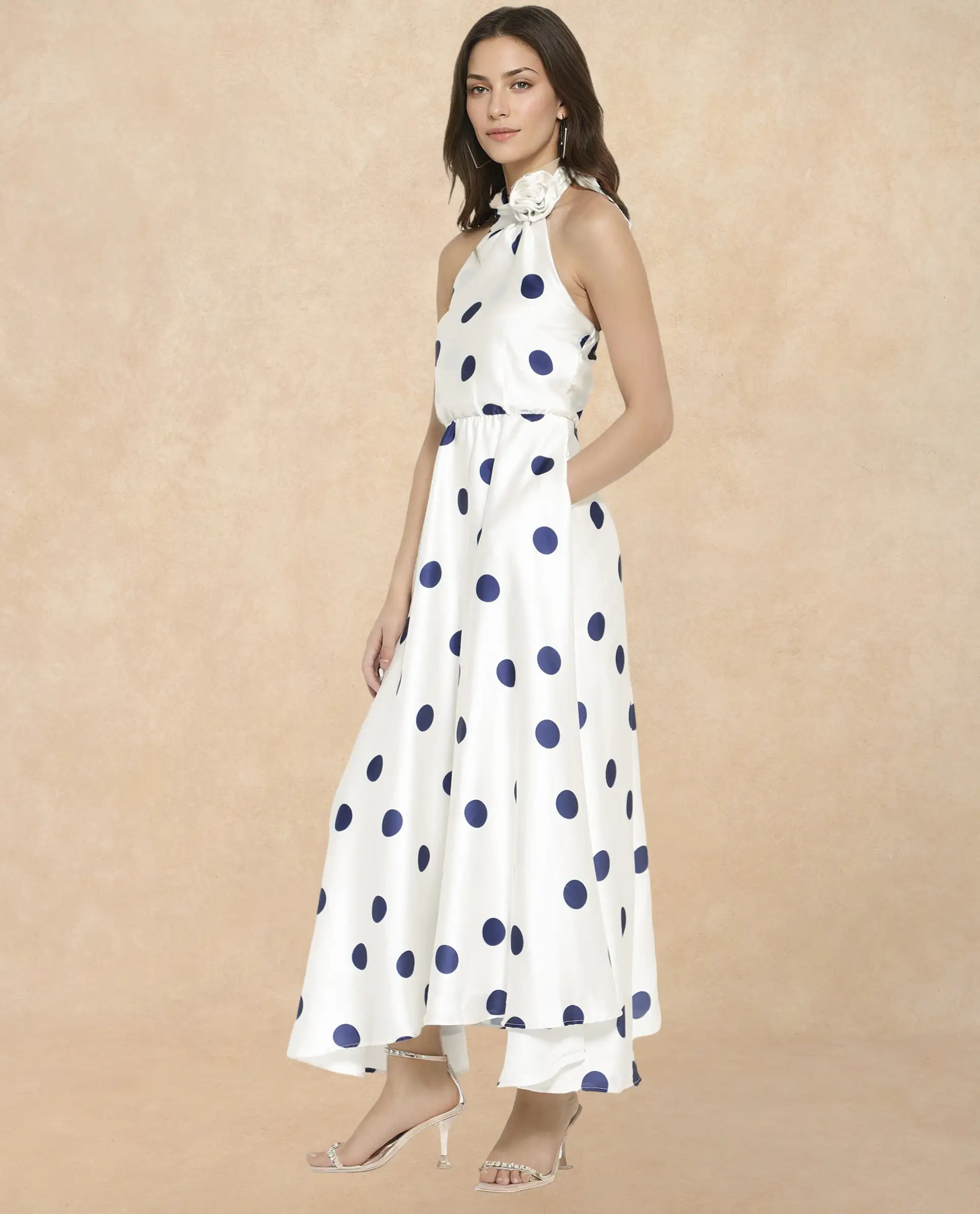 Rareism Women's Sydrow White Halter Neck Polka Print Sleeveless Maxi Fit And Flare Dress - Image 6