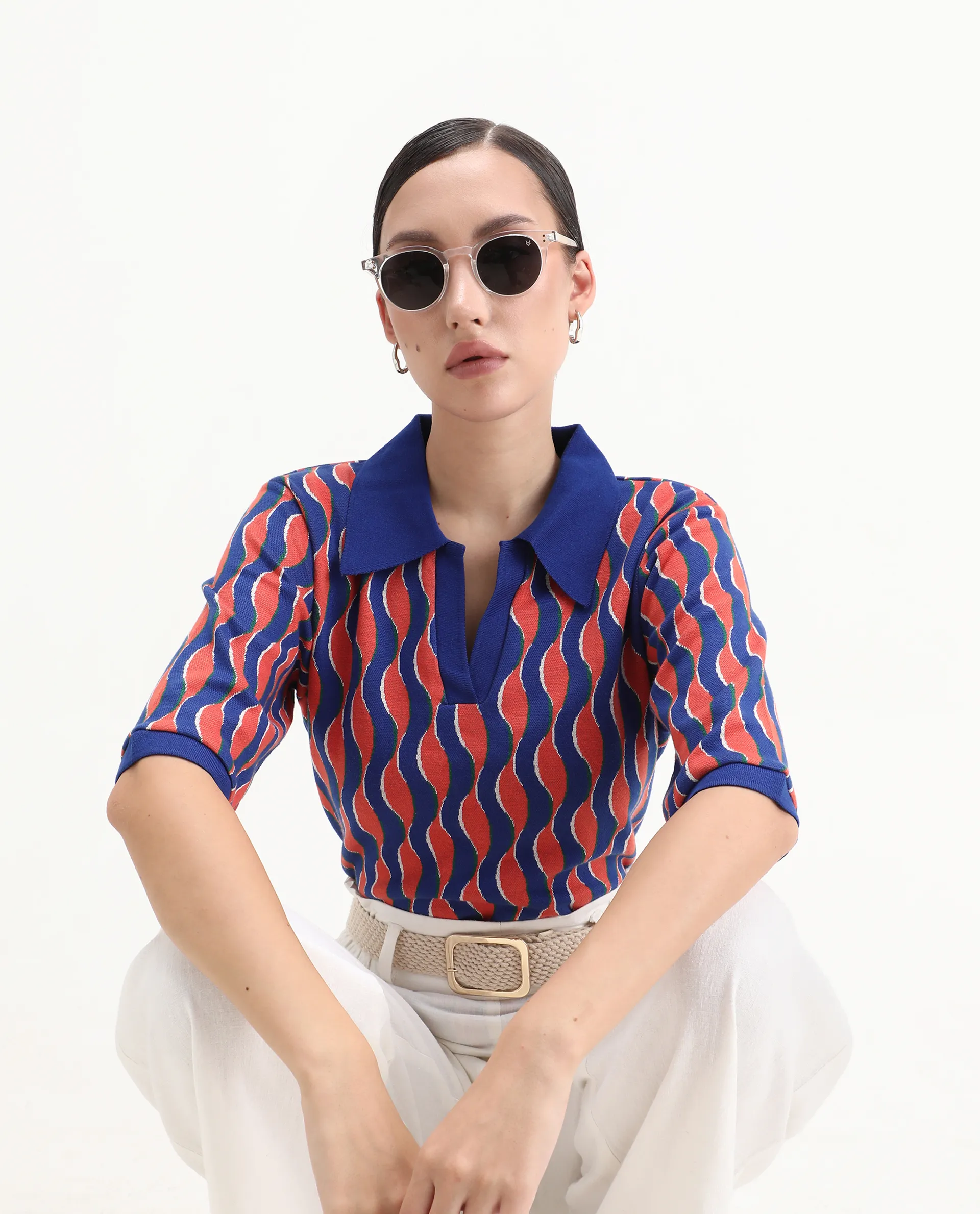 Rareism Women's Sylvi Multi Cotton Ribbed Collar Geometric Print Relaxed Fit Top