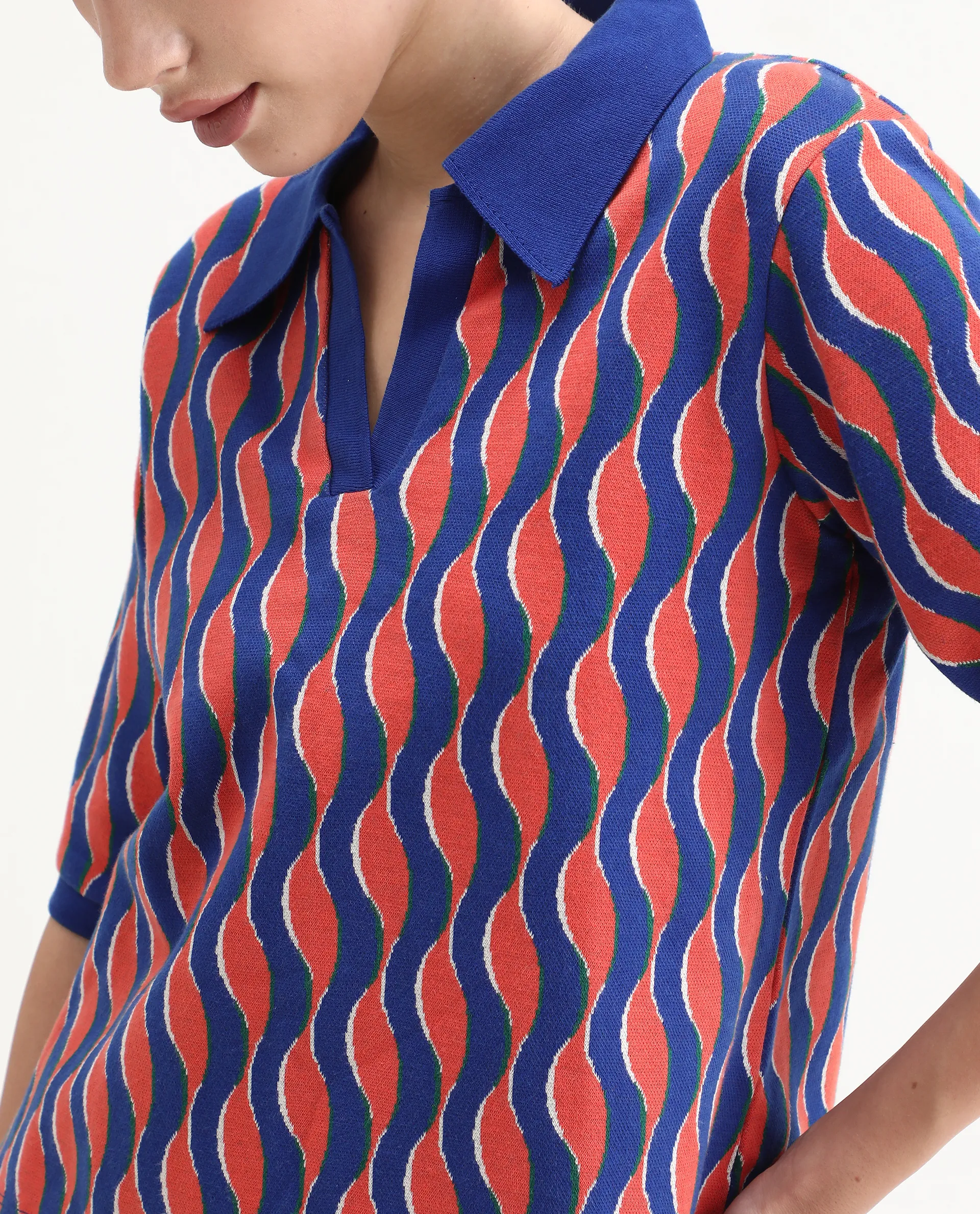 Rareism Women's Sylvi Multi Cotton Ribbed Collar Geometric Print Relaxed Fit Top - Image 3