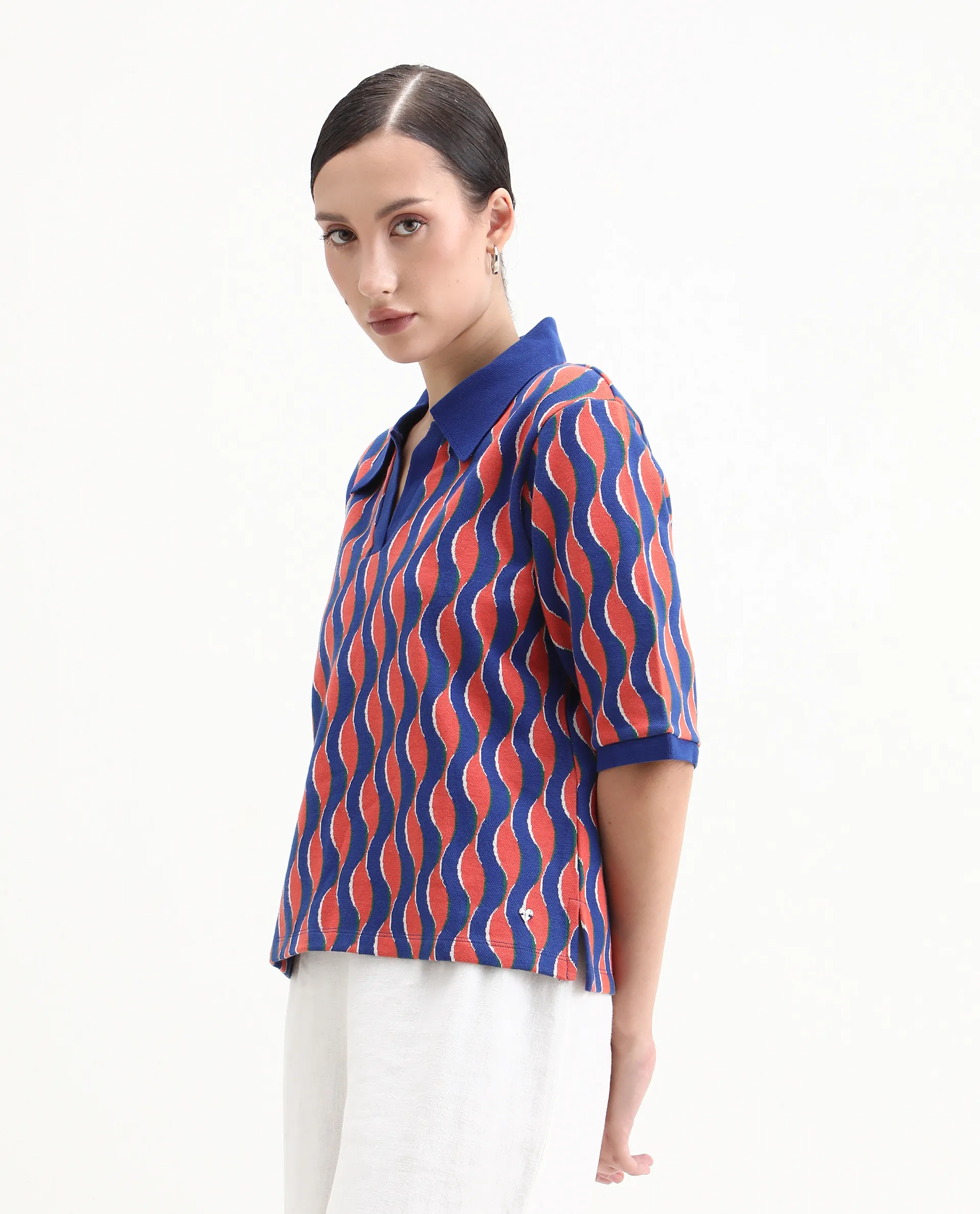 Rareism Women's Sylvi Multi Cotton Ribbed Collar Geometric Print Relaxed Fit Top - Image 4
