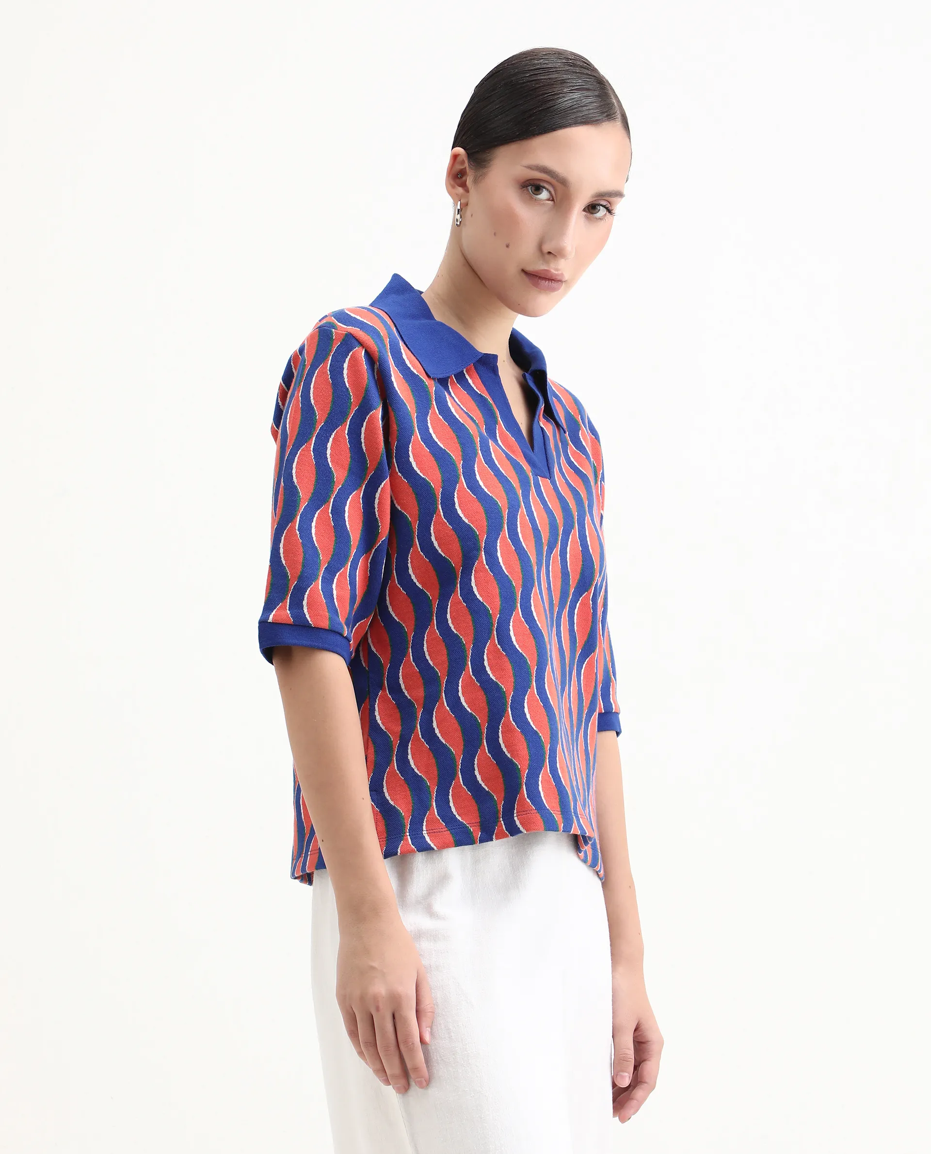 Rareism Women's Sylvi Multi Cotton Ribbed Collar Geometric Print Relaxed Fit Top - Image 5