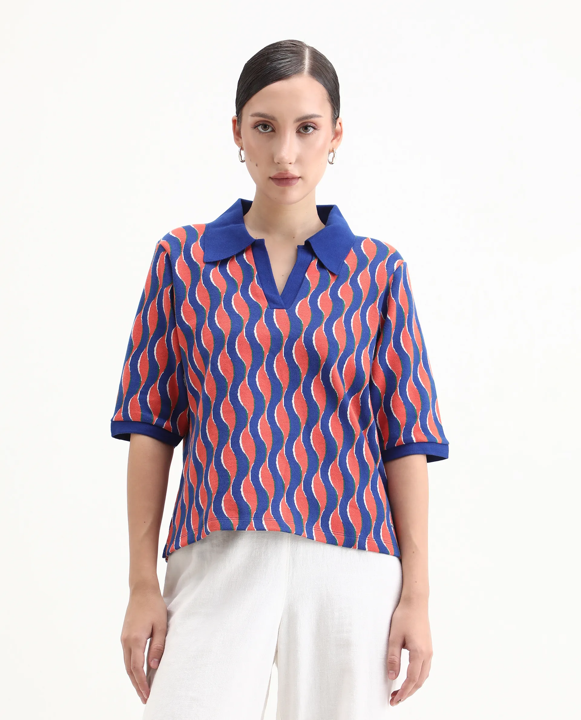 Rareism Women's Sylvi Multi Cotton Ribbed Collar Geometric Print Relaxed Fit Top - Image 7