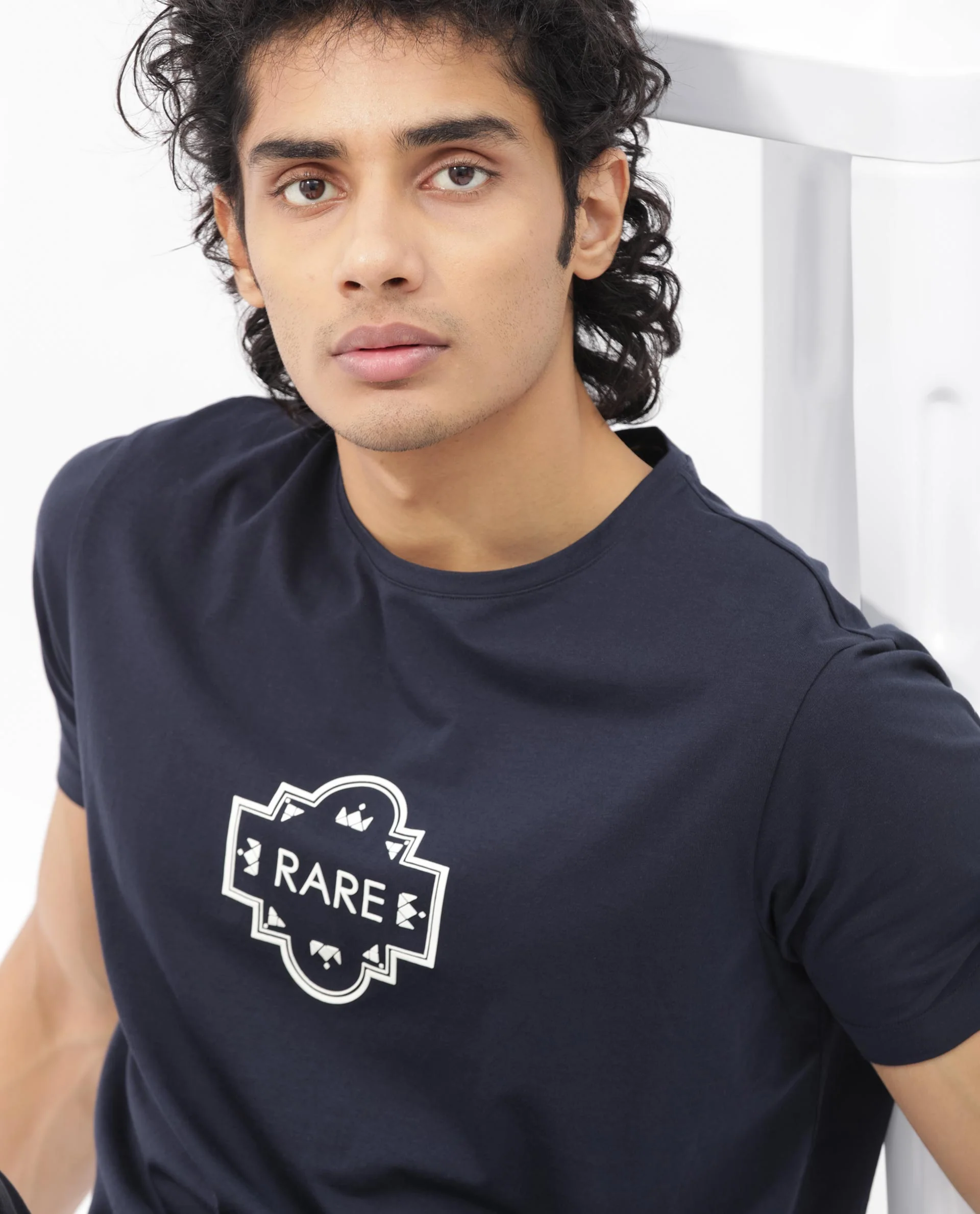 Rare Rabbit Men's Syrus Navy Cotton Blend Graphic Print Regular Fit Half Sleeve Crew Neck T-Shirt - Image 2