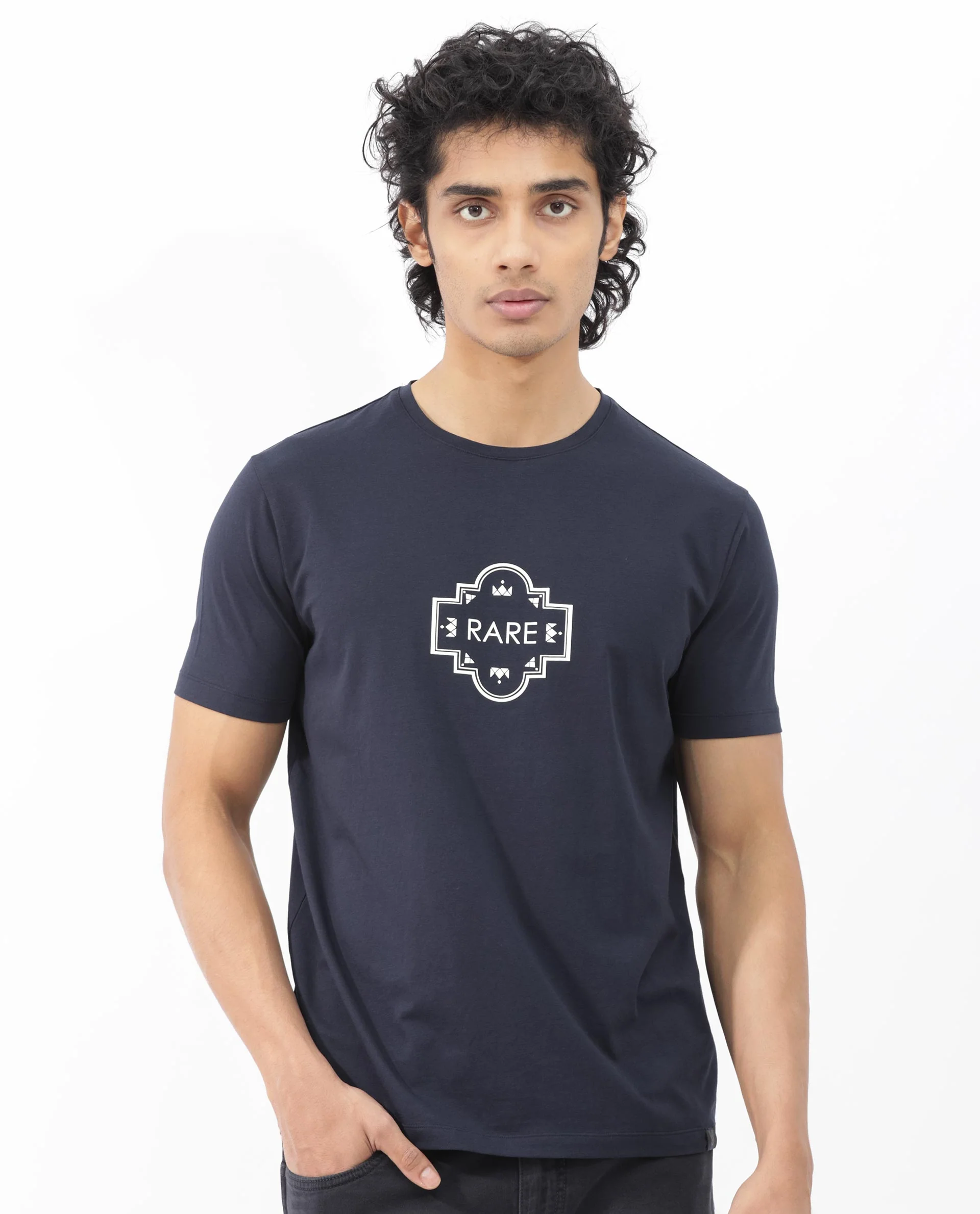 Rare Rabbit Men's Syrus Navy Cotton Blend Graphic Print Regular Fit Half Sleeve Crew Neck T-Shirt - Image 3