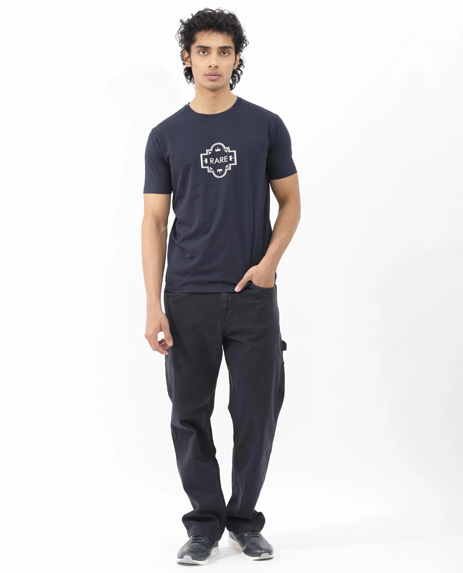Rare Rabbit Men's Syrus Navy Cotton Blend Graphic Print Regular Fit Half Sleeve Crew Neck T-Shirt - Image 4
