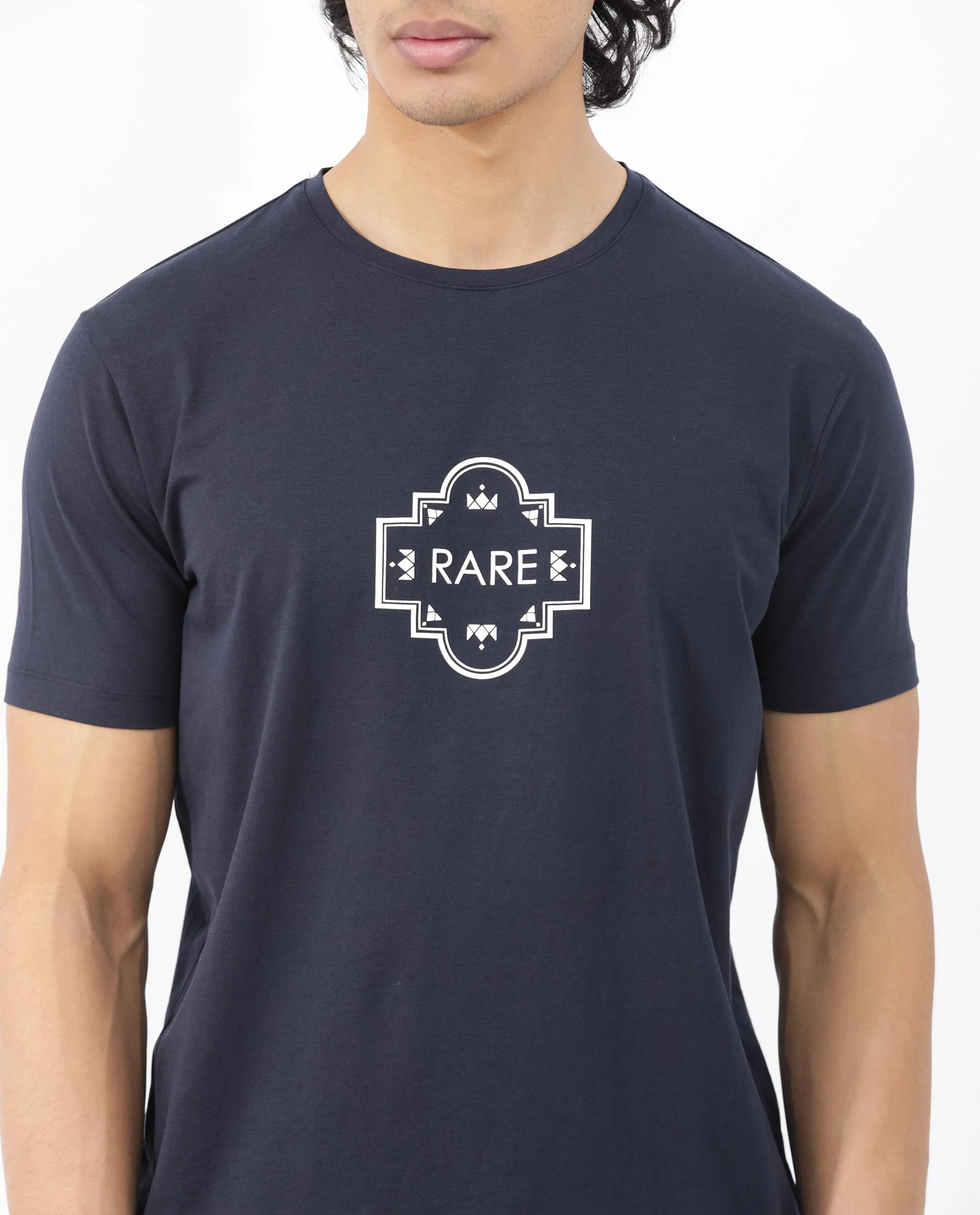 Rare Rabbit Men's Syrus Navy Cotton Blend Graphic Print Regular Fit Half Sleeve Crew Neck T-Shirt - Image 6