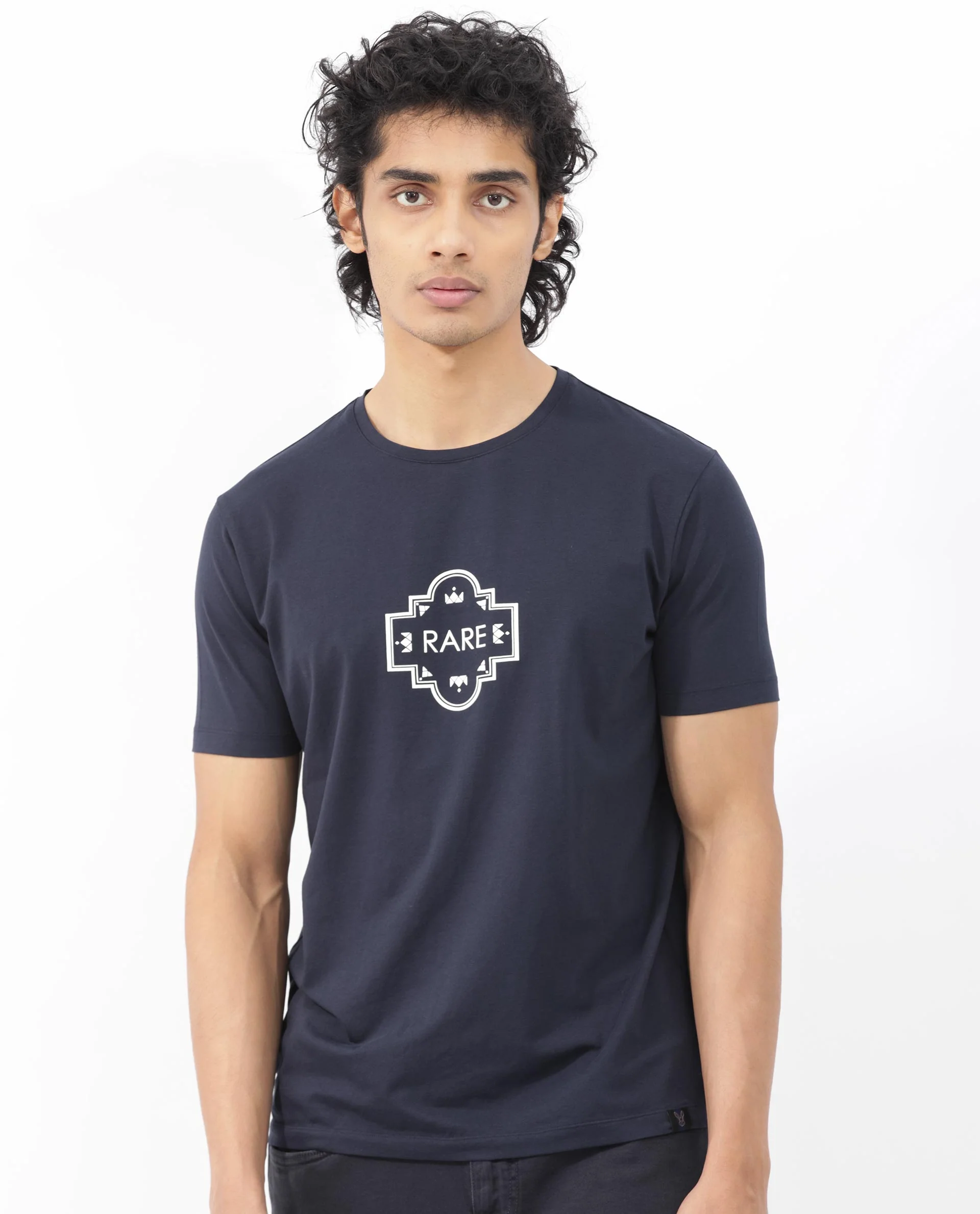 Rare Rabbit Men's Syrus Navy Cotton Blend Graphic Print Regular Fit Half Sleeve Crew Neck T-Shirt - Image 7