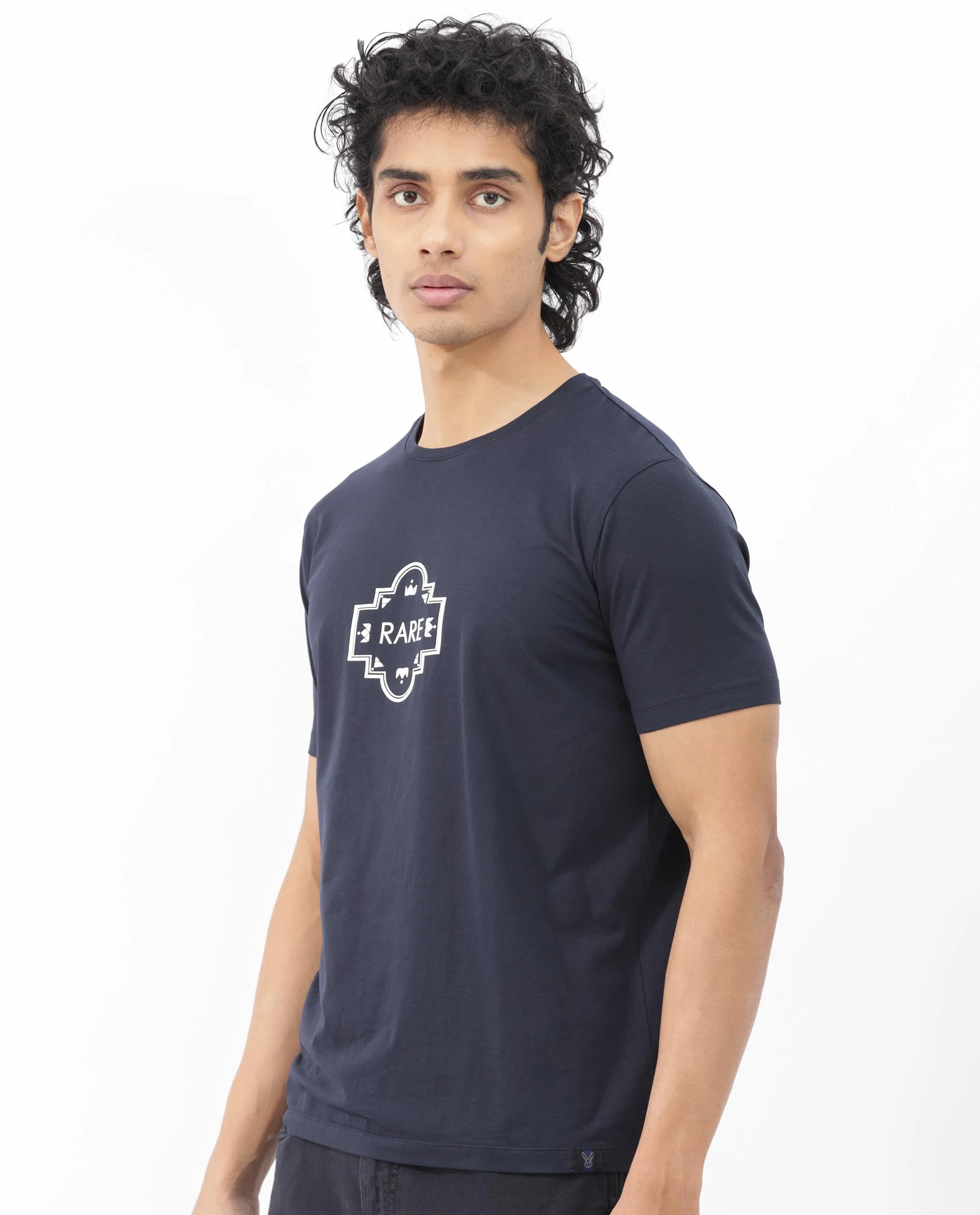 Rare Rabbit Men's Syrus Navy Cotton Blend Graphic Print Regular Fit Half Sleeve Crew Neck T-Shirt - Image 8