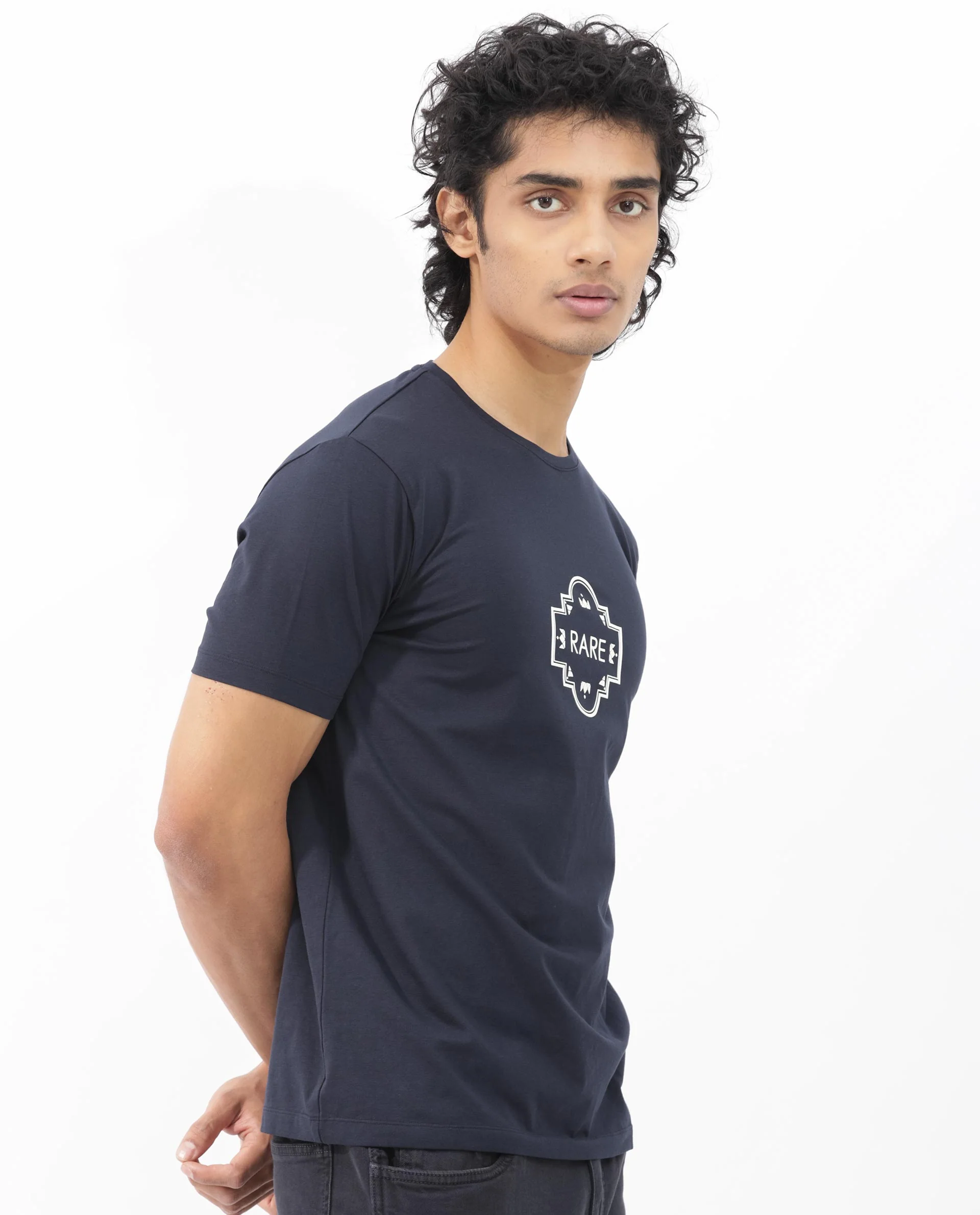 Rare Rabbit Men's Syrus Navy Cotton Blend Graphic Print Regular Fit Half Sleeve Crew Neck T-Shirt - Image 9