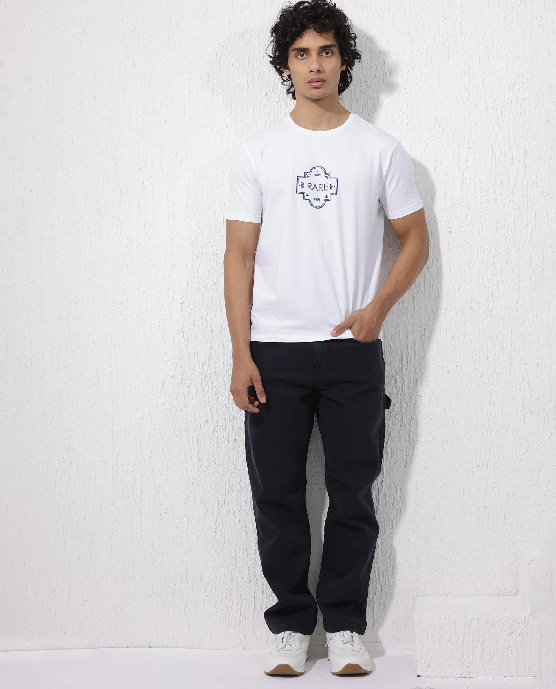 Rare Rabbit Men's Syrus White Cotton Blend Graphic Print Regular Fit Half Sleeve Crew Neck T-Shirt - Image 2