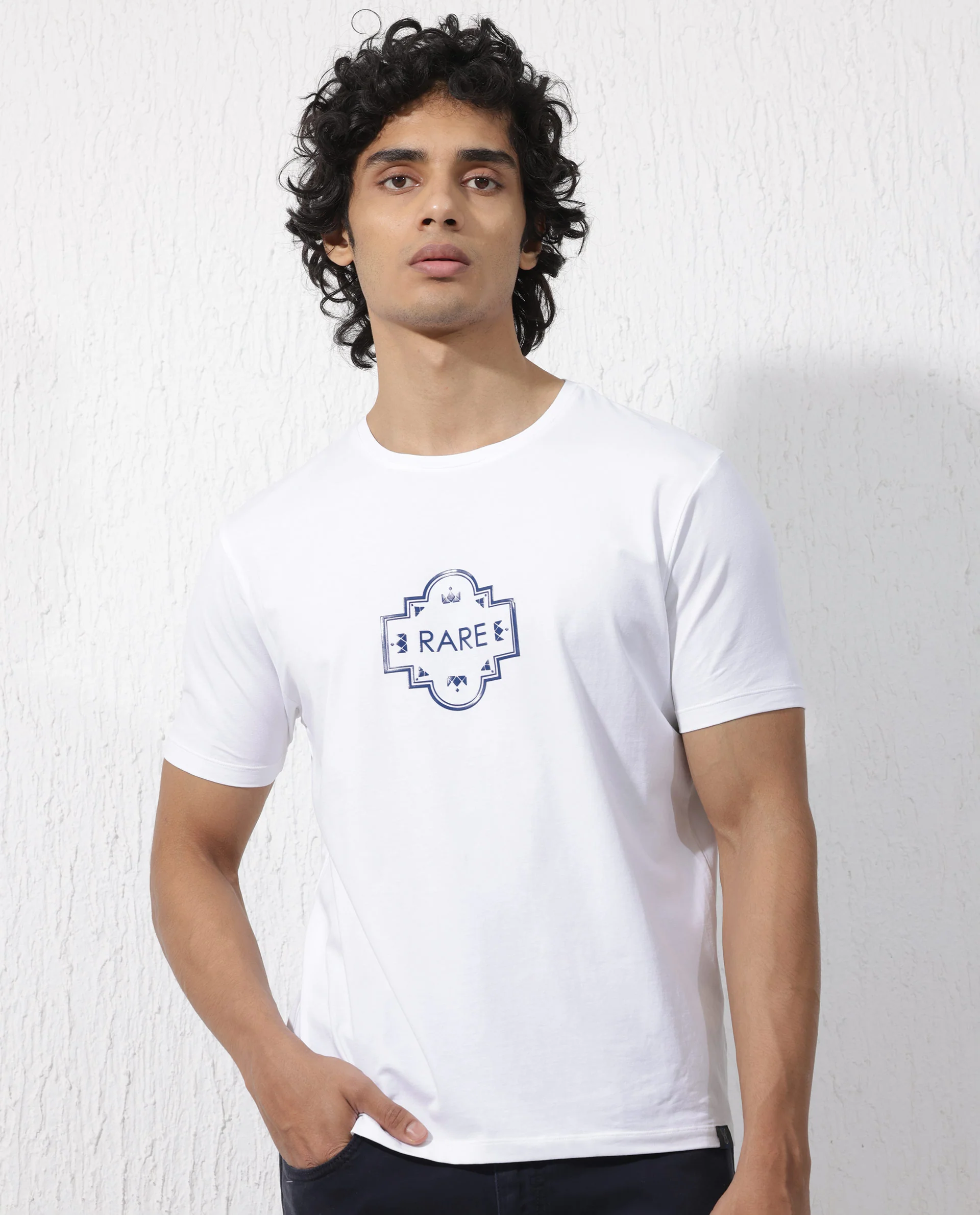 Rare Rabbit Men's Syrus White Cotton Blend Graphic Print Regular Fit Half Sleeve Crew Neck T-Shirt - Image 3