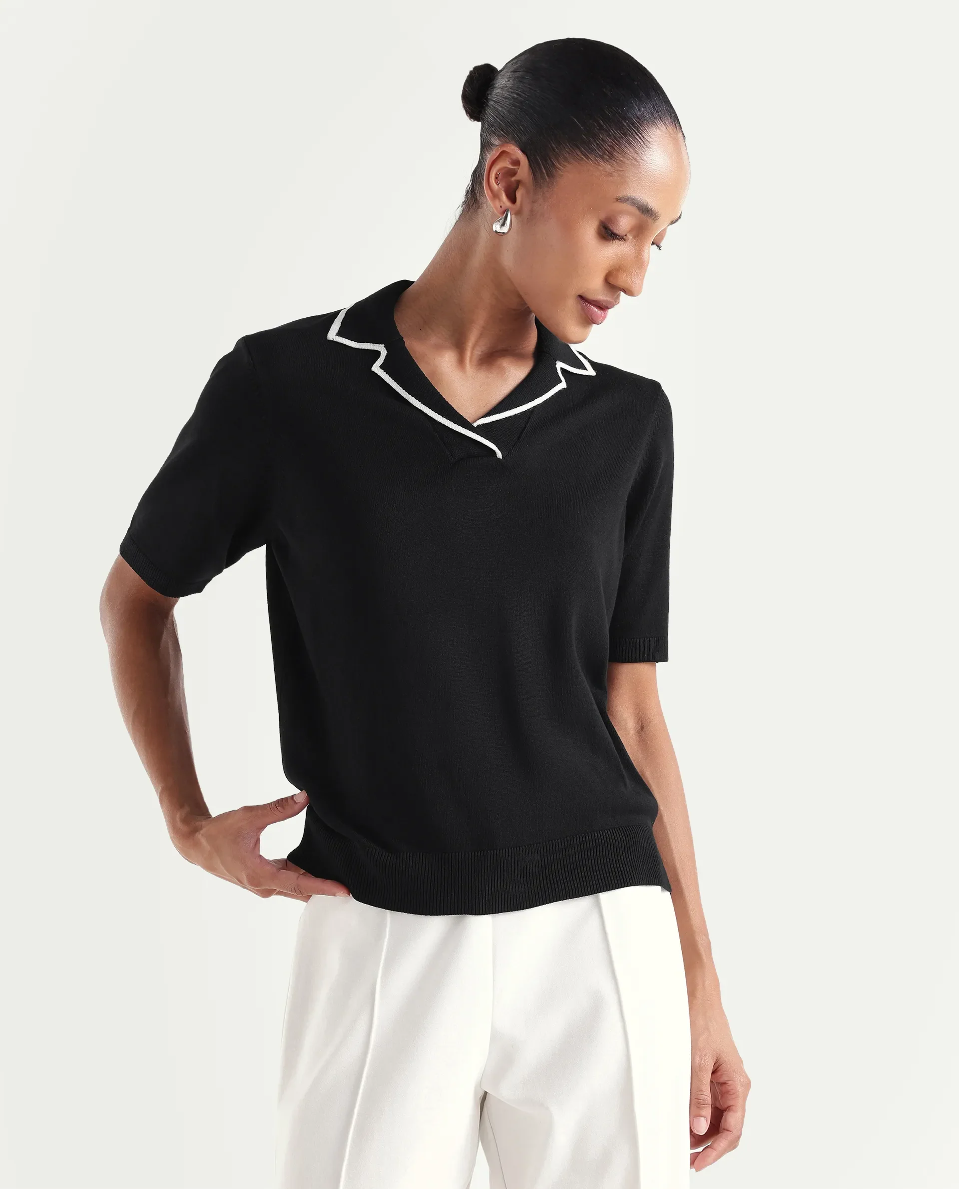 Rareism Women's Syrus Black Nylon Blend Half Sleeve Jonny Collar Relaxed Fit Plain Polo - Image 3