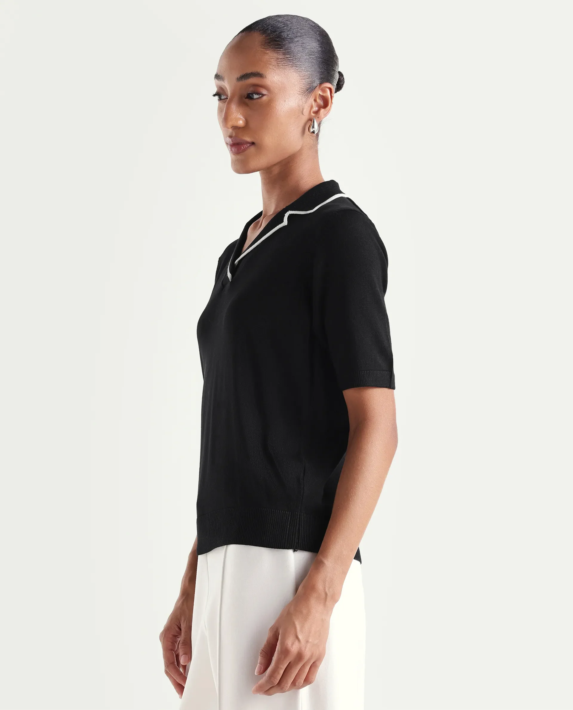 Rareism Women's Syrus Black Nylon Blend Half Sleeve Jonny Collar Relaxed Fit Plain Polo - Image 5