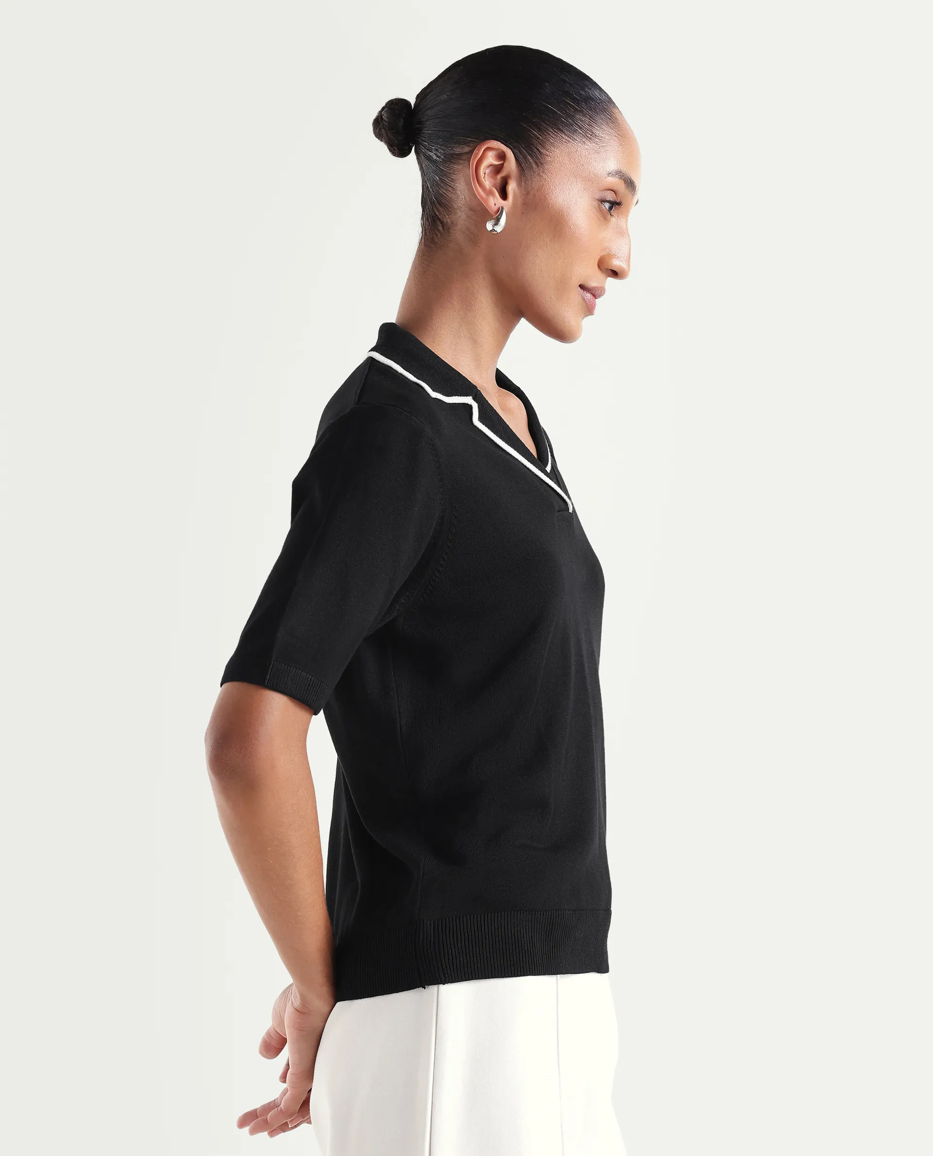 Rareism Women's Syrus Black Nylon Blend Half Sleeve Jonny Collar Relaxed Fit Plain Polo - Image 6