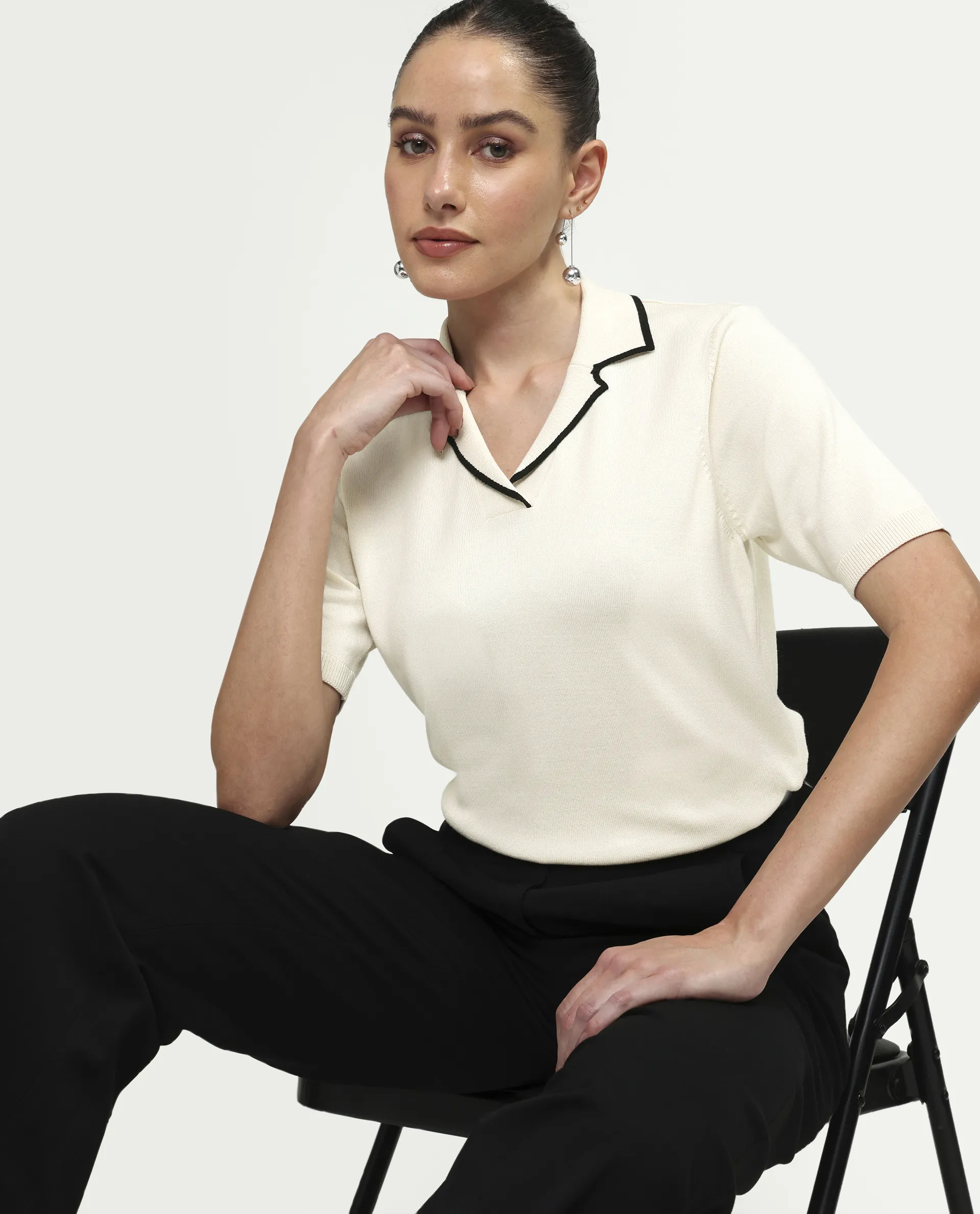Rareism Women's Syrus Off White Nylon Blend Half Sleeve Jonny Collar Relaxed Fit Plain Polo