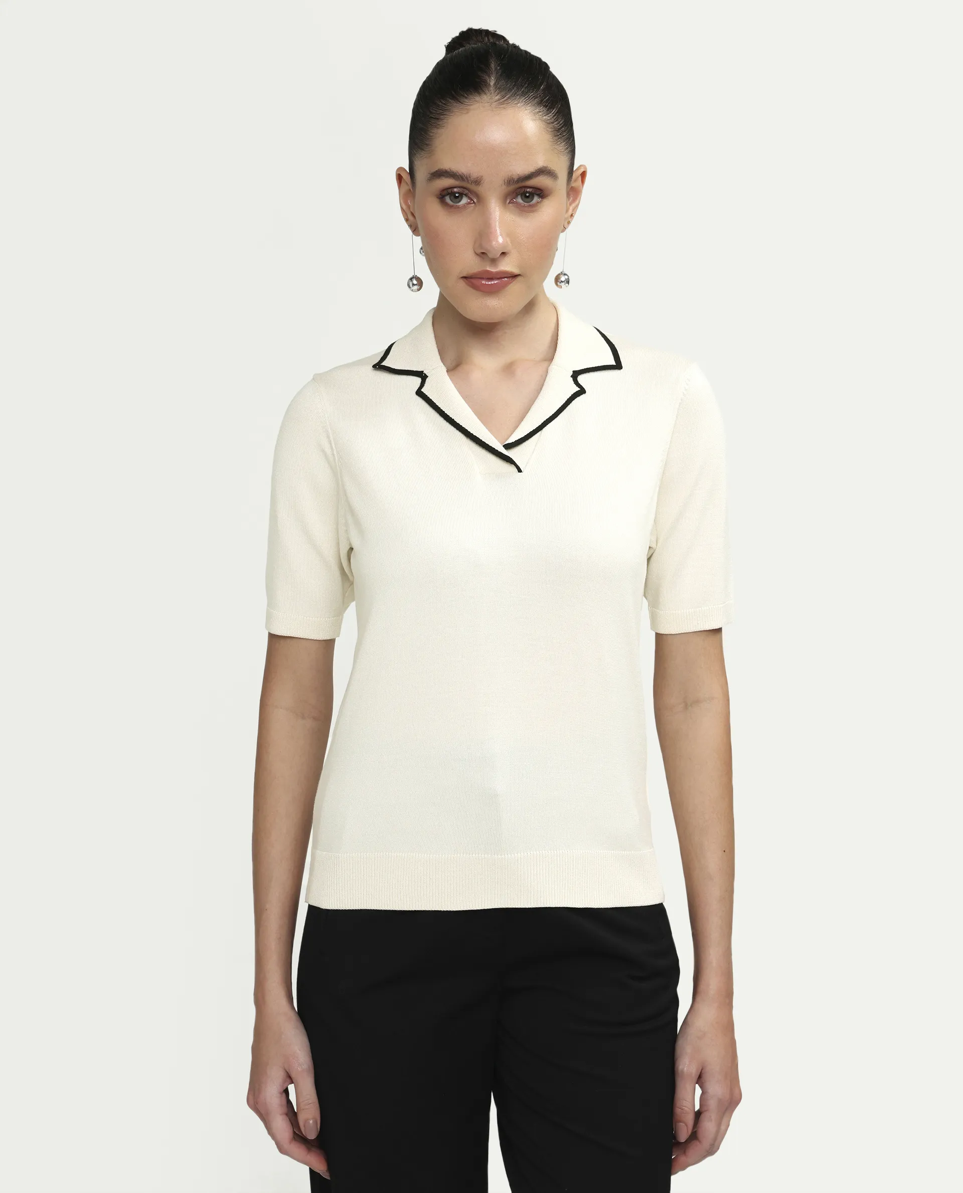 Rareism Women's Syrus Off White Nylon Blend Half Sleeve Jonny Collar Relaxed Fit Plain Polo - Image 3