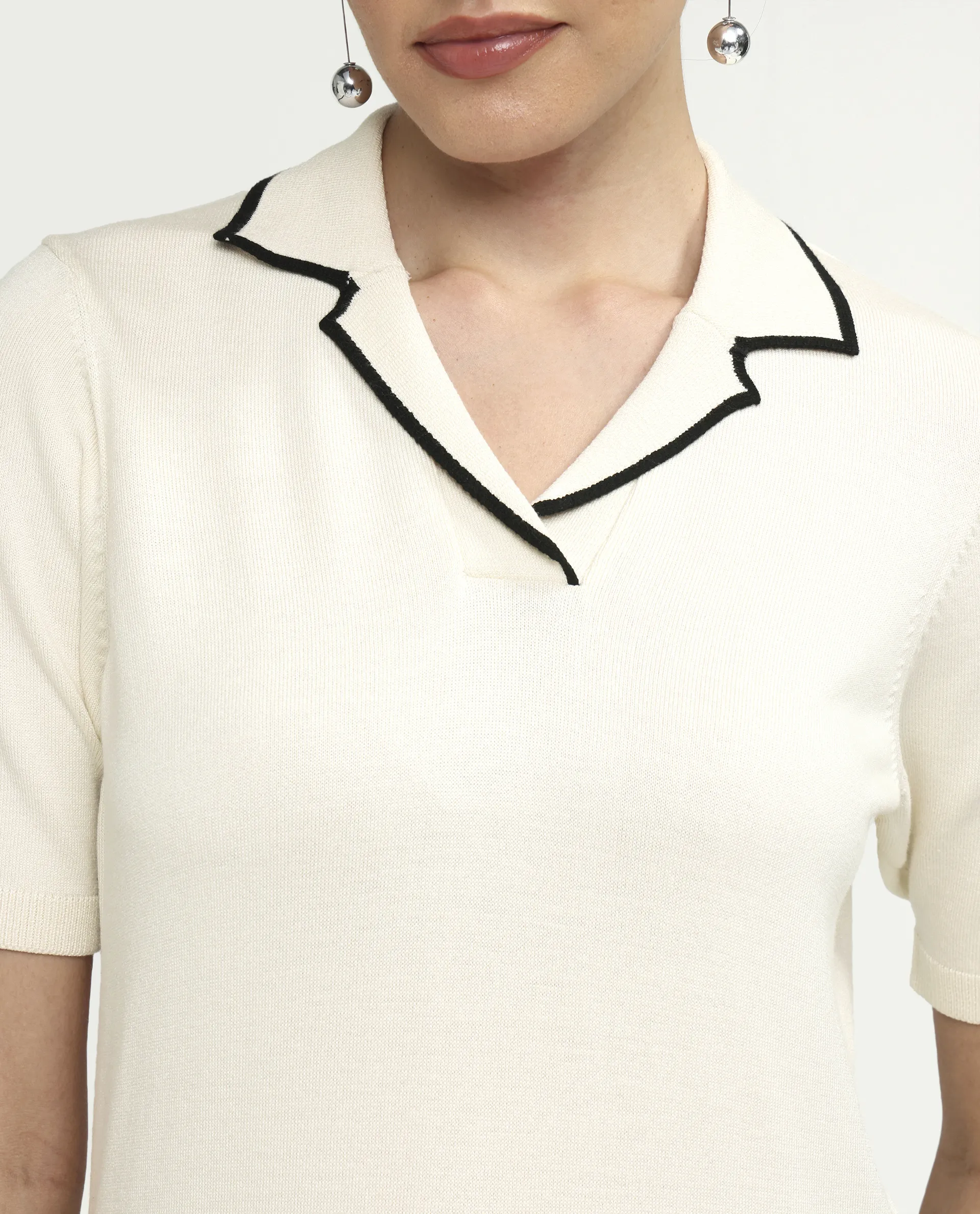 Rareism Women's Syrus Off White Nylon Blend Half Sleeve Jonny Collar Relaxed Fit Plain Polo - Image 4