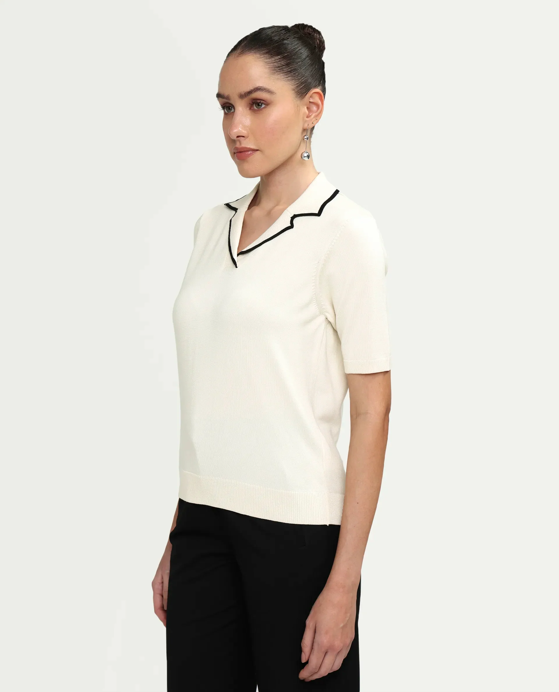 Rareism Women's Syrus Off White Nylon Blend Half Sleeve Jonny Collar Relaxed Fit Plain Polo - Image 5