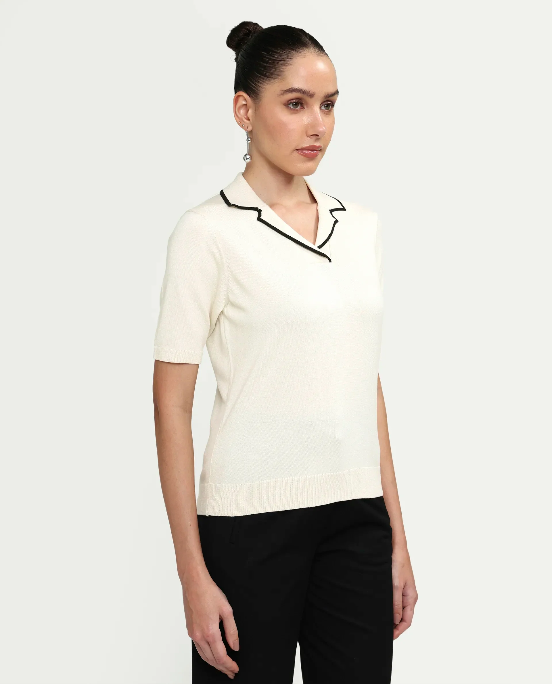 Rareism Women's Syrus Off White Nylon Blend Half Sleeve Jonny Collar Relaxed Fit Plain Polo - Image 6