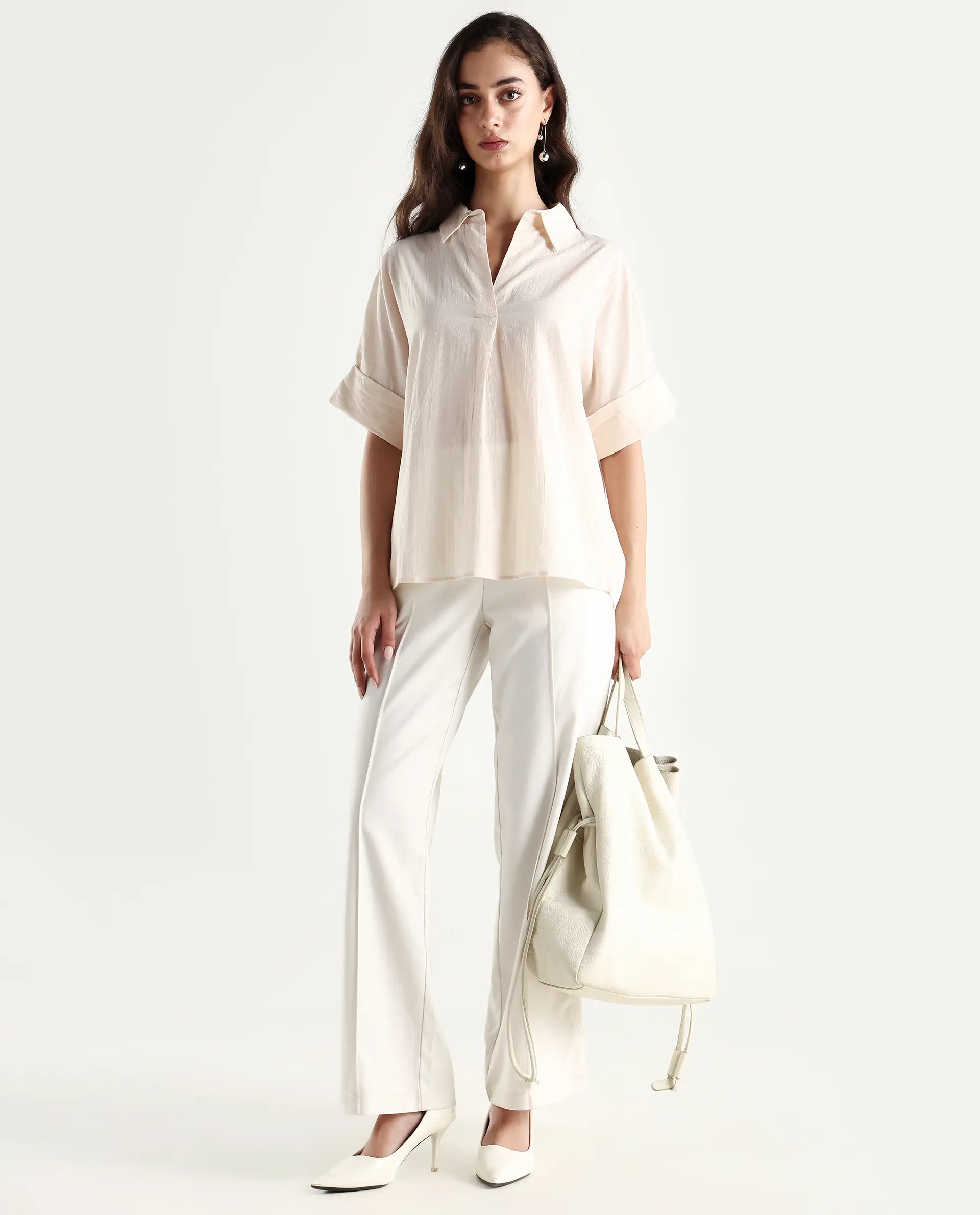 Rareism Women's Tabsco Light Off White Cotton Blend Lapel Neck Plain Regular Fit Shirt - Image 2