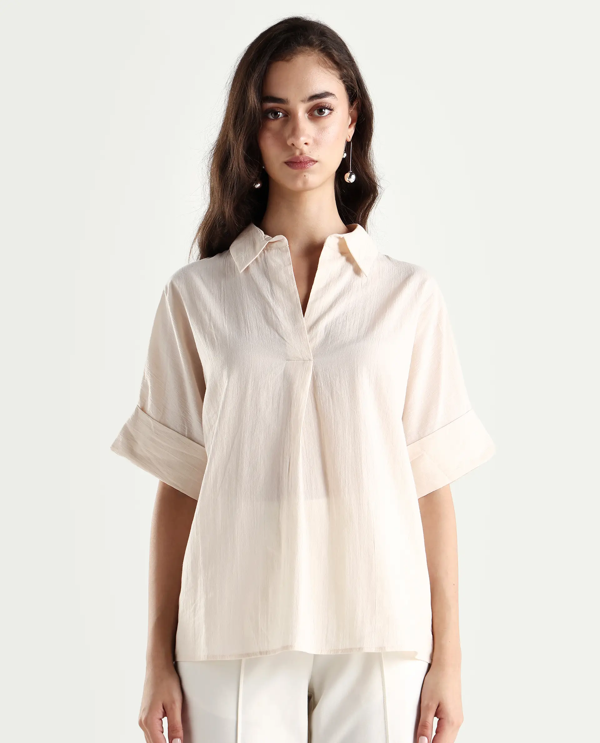 Rareism Women's Tabsco Light Off White Cotton Blend Lapel Neck Plain Regular Fit Shirt - Image 3