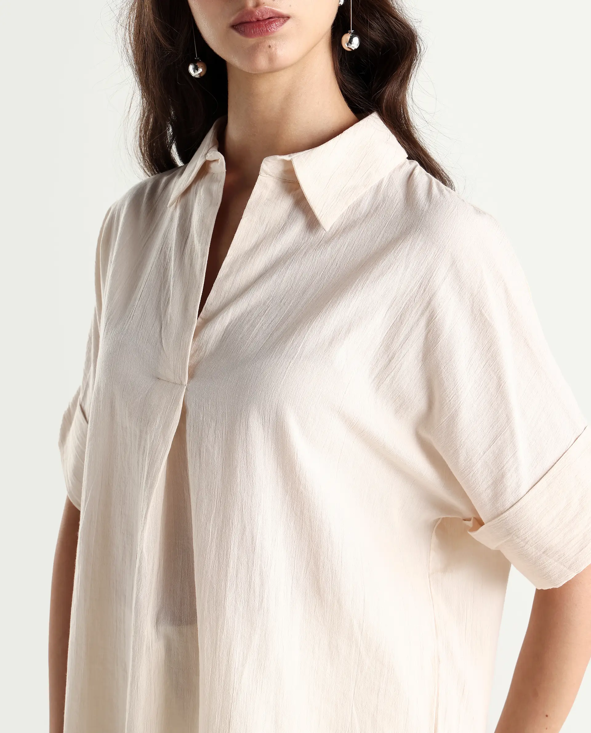 Rareism Women's Tabsco Light Off White Cotton Blend Lapel Neck Plain Regular Fit Shirt - Image 4