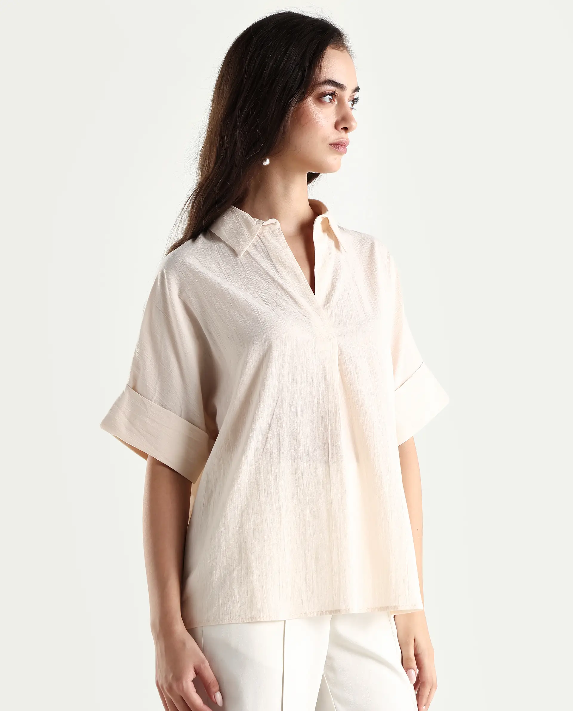 Rareism Women's Tabsco Light Off White Cotton Blend Lapel Neck Plain Regular Fit Shirt - Image 5