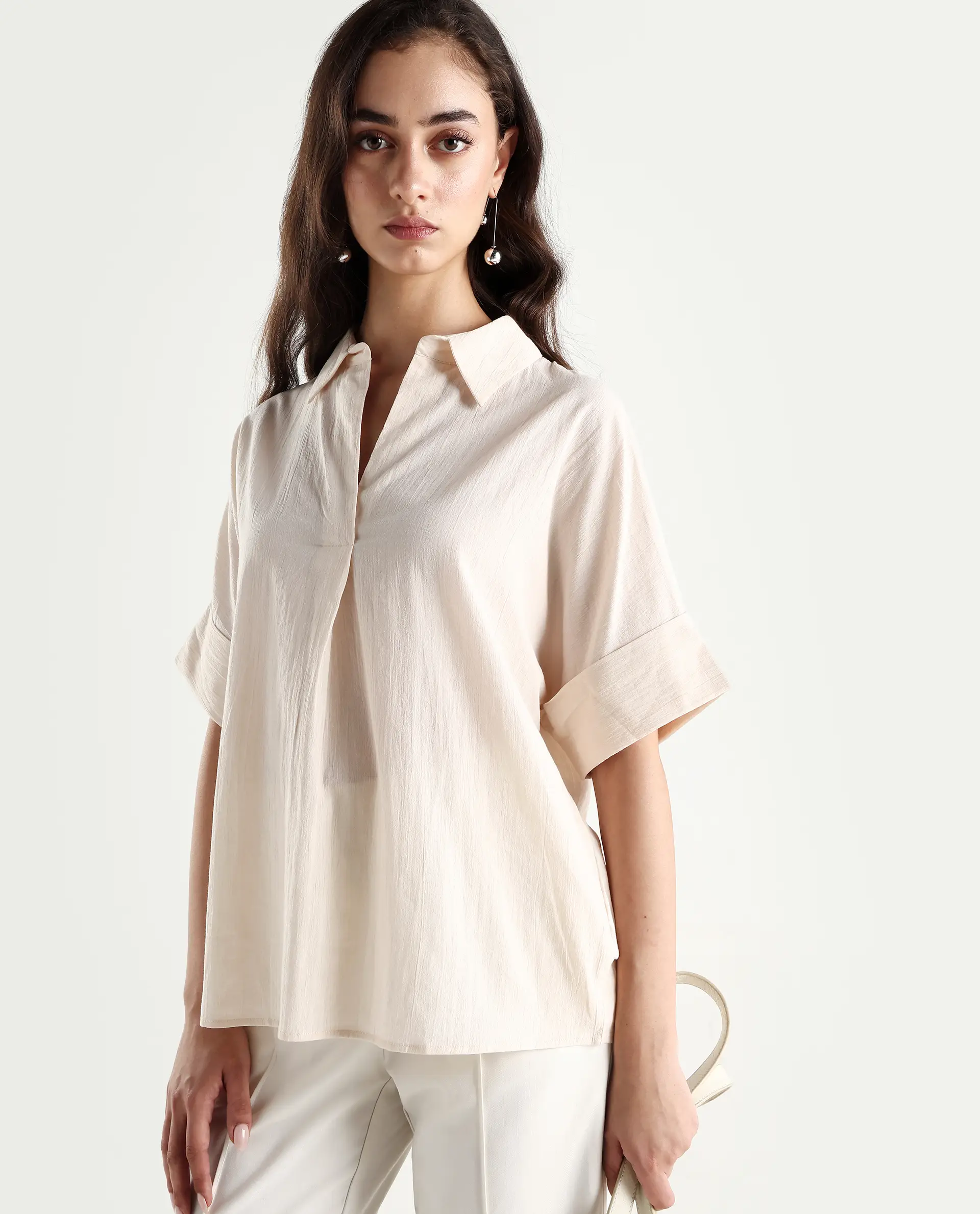 Rareism Women's Tabsco Light Off White Cotton Blend Lapel Neck Plain Regular Fit Shirt - Image 6