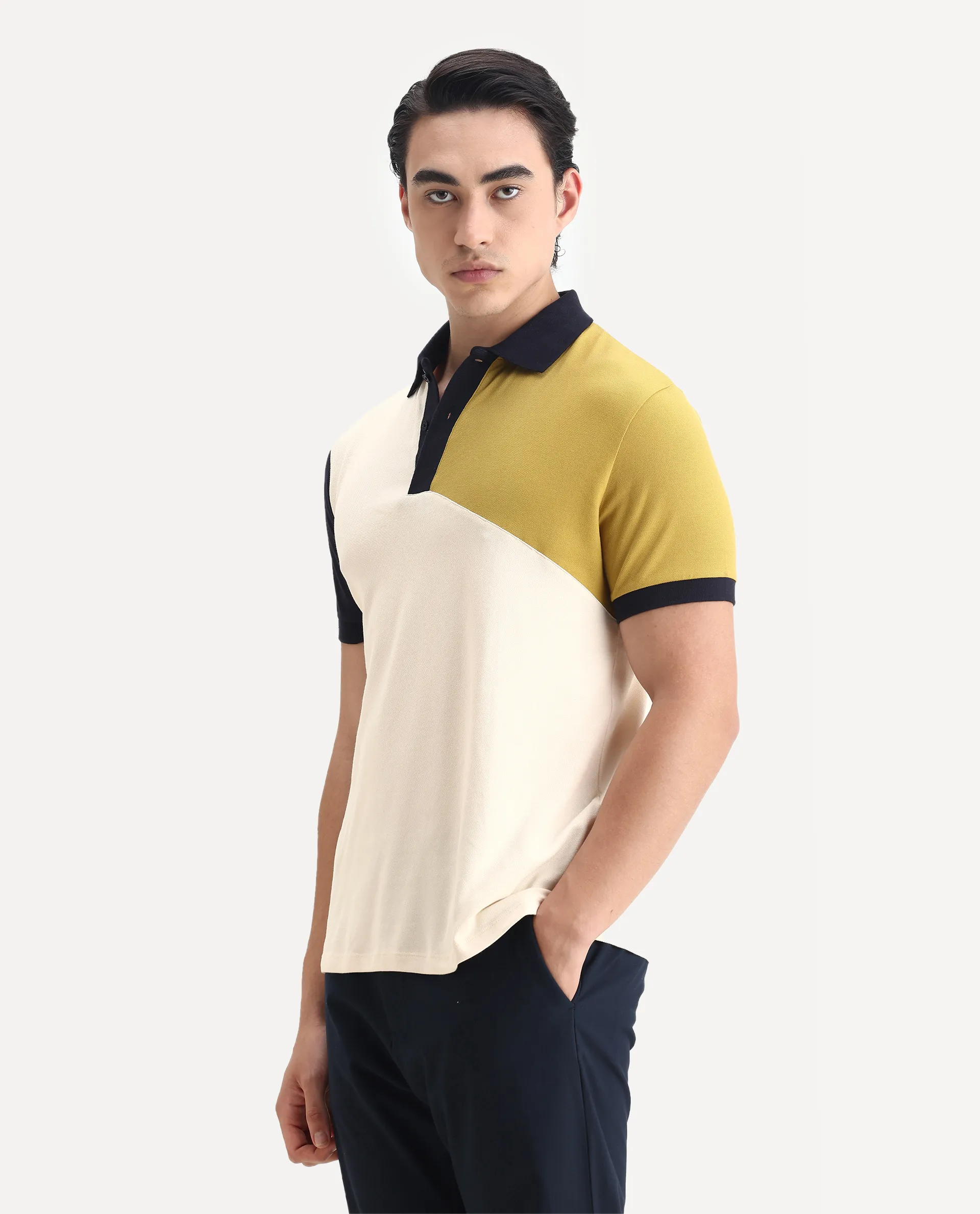 Rare Rabbit Men's Tachou Off White Cotton Ombre Regular Fit Half Sleeve Polo - Image 4
