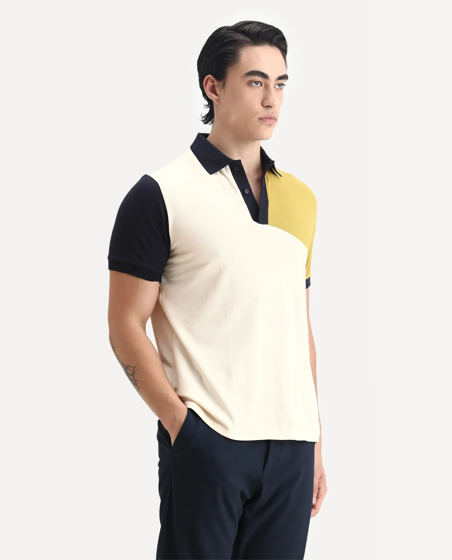 Rare Rabbit Men's Tachou Off White Cotton Ombre Regular Fit Half Sleeve Polo - Image 5