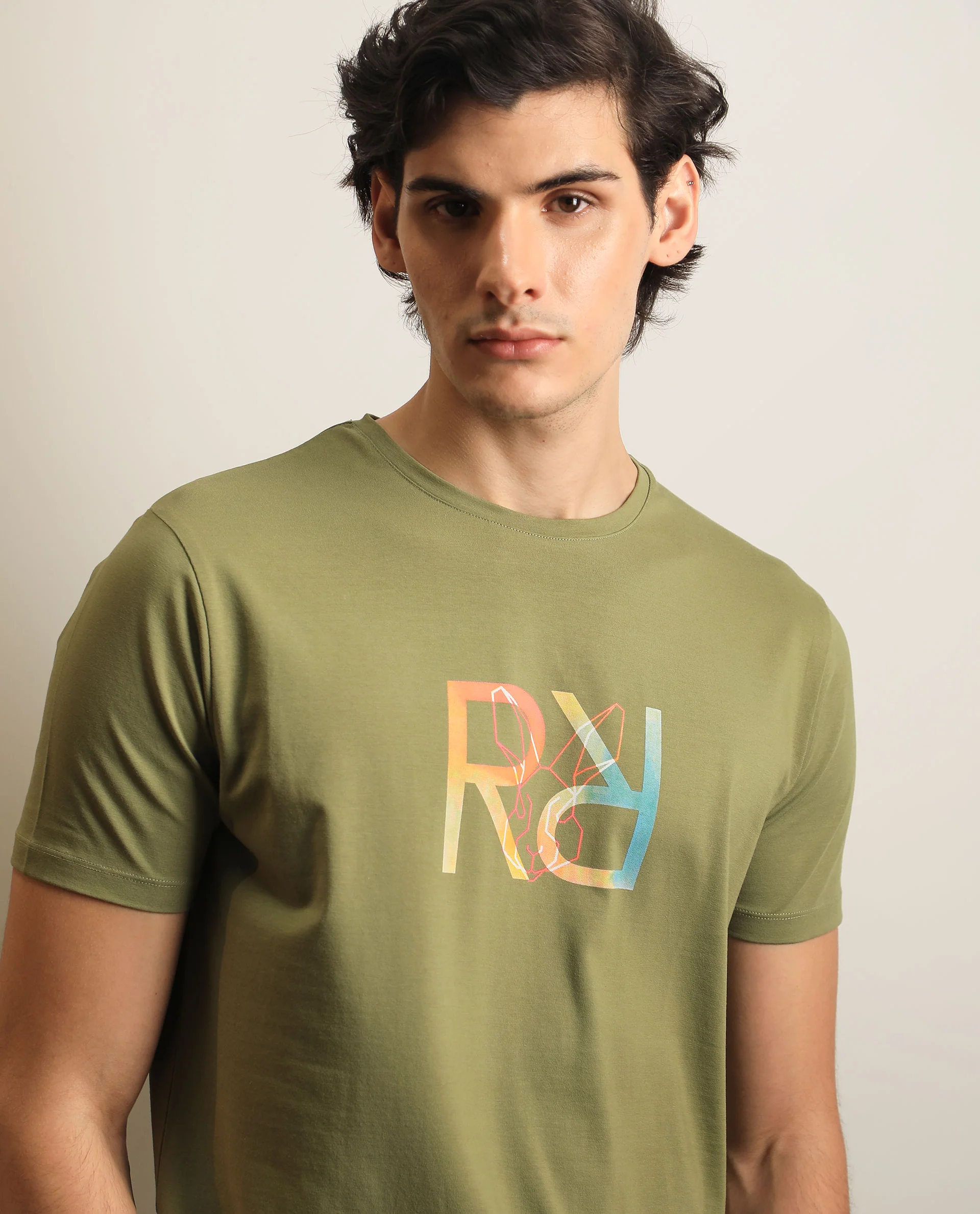 Rare Rabbit Men's Tack Olive Cotton Graphic Print Regular Fit Half Sleeve Crew Neck T-Shirt - Image 2