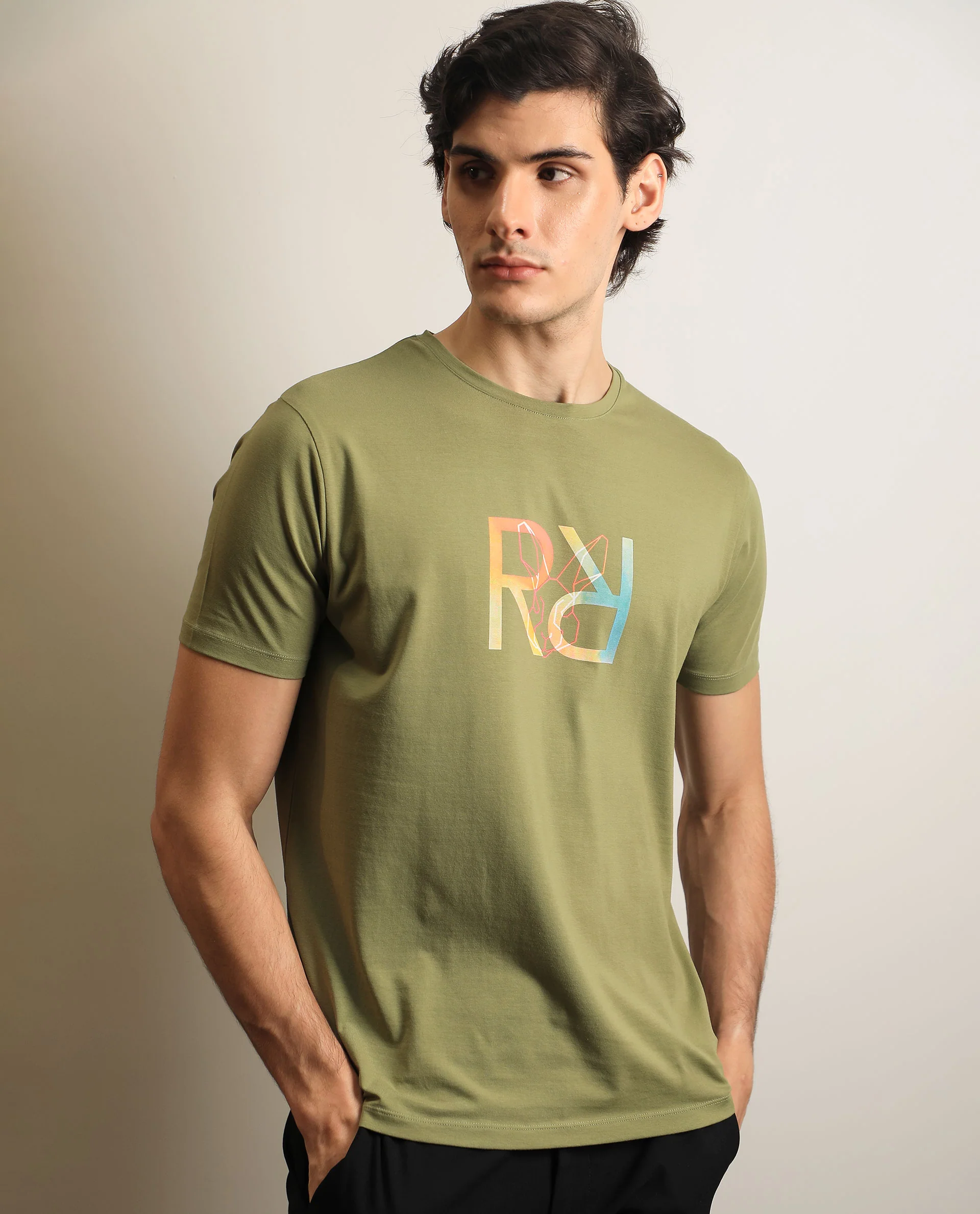 Rare Rabbit Men's Tack Olive Cotton Graphic Print Regular Fit Half Sleeve Crew Neck T-Shirt - Image 3
