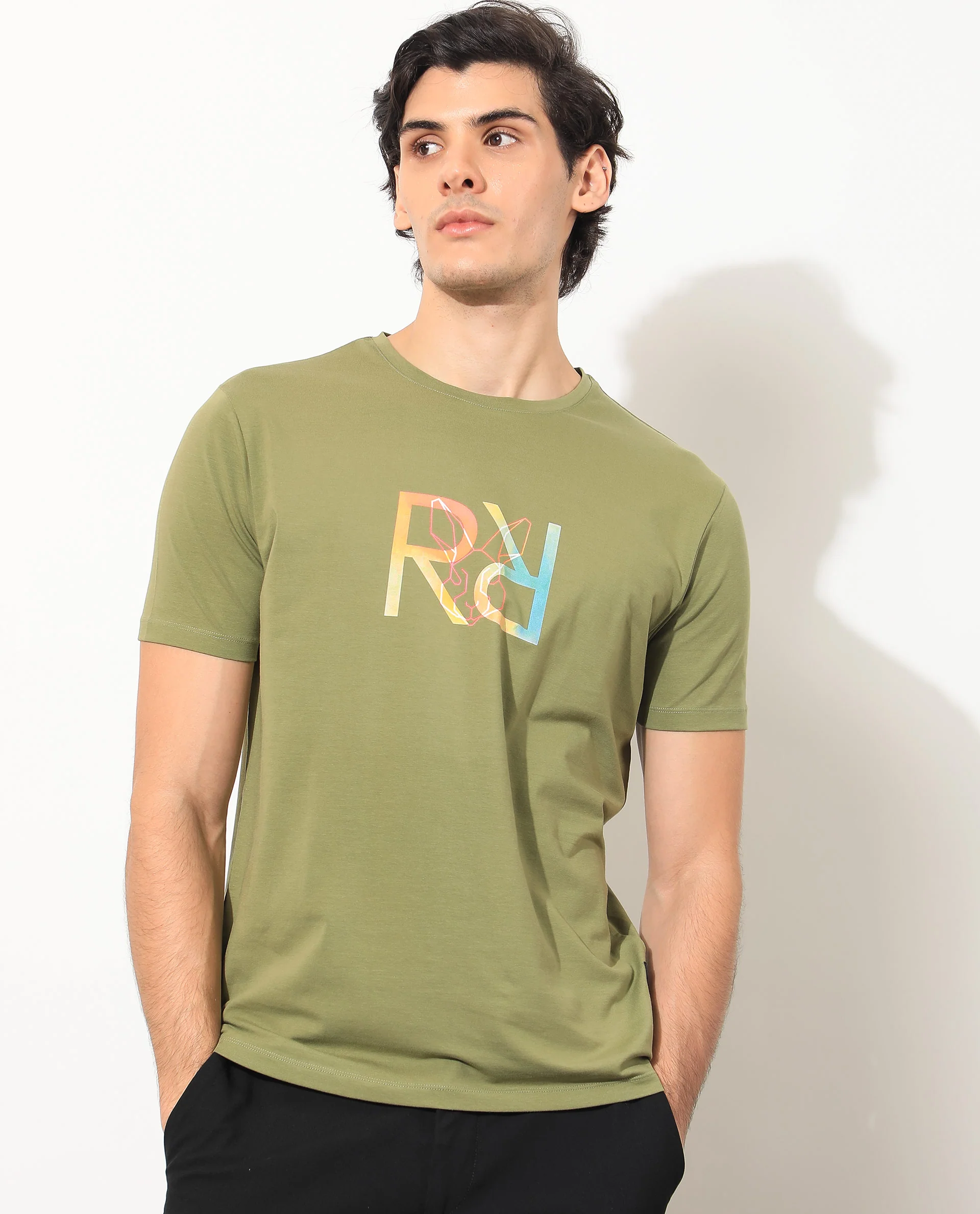 Rare Rabbit Men's Tack Olive Cotton Graphic Print Regular Fit Half Sleeve Crew Neck T-Shirt - Image 5