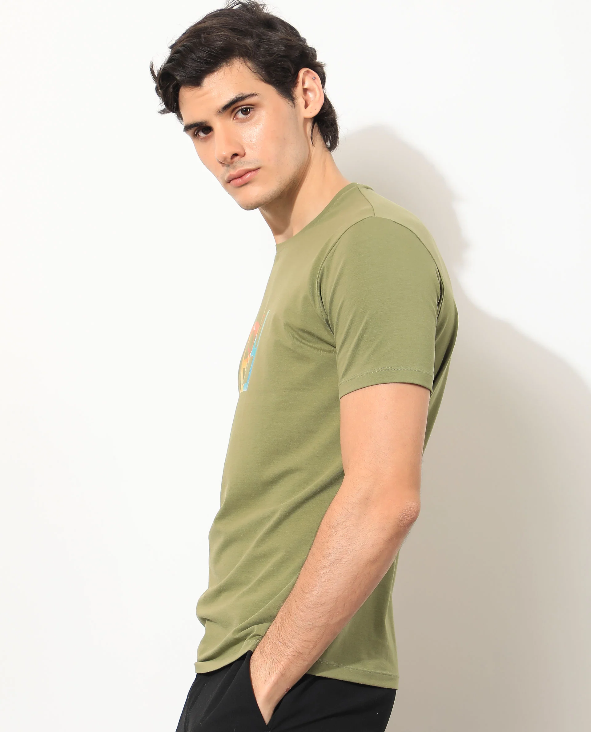 Rare Rabbit Men's Tack Olive Cotton Graphic Print Regular Fit Half Sleeve Crew Neck T-Shirt - Image 6