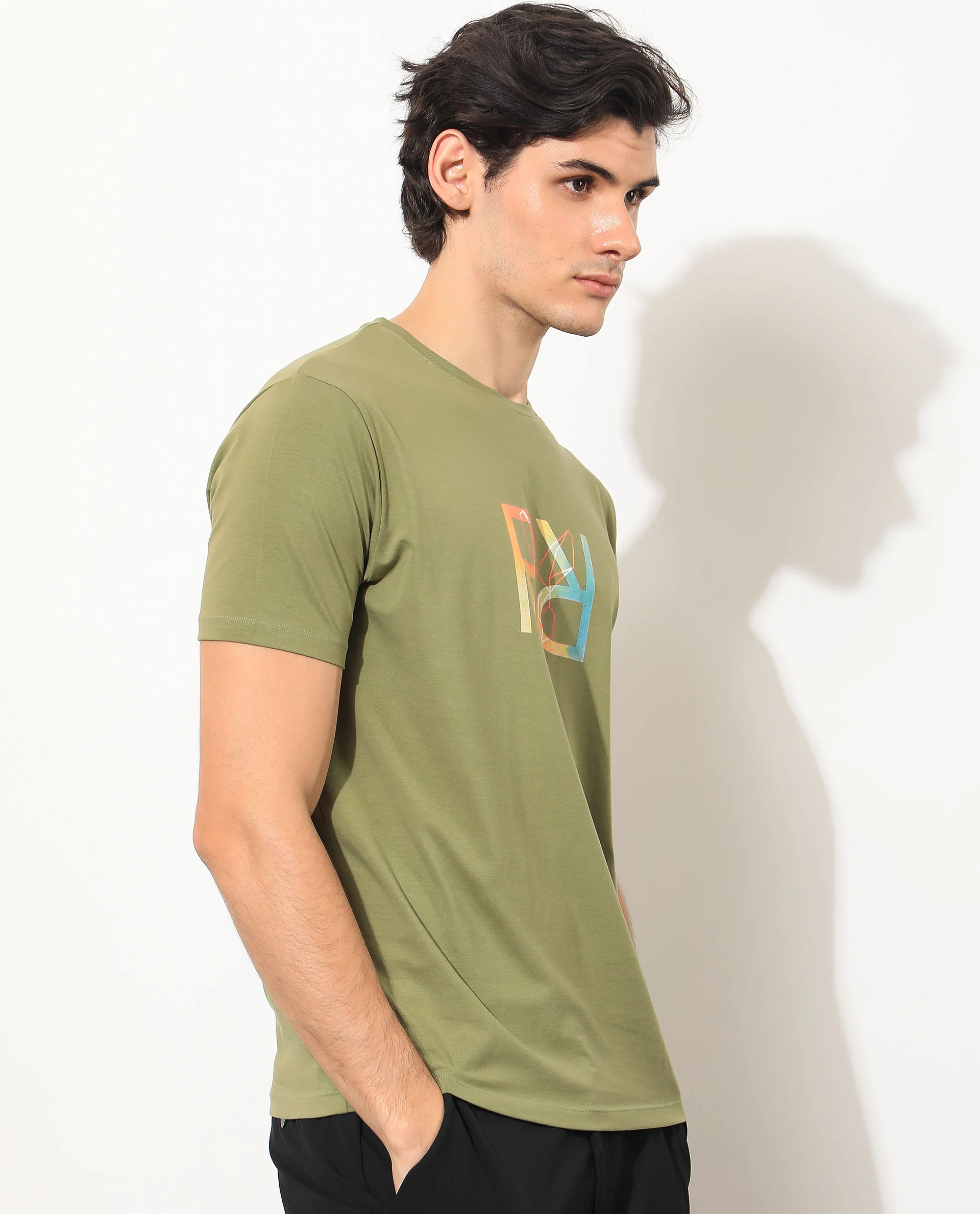 Rare Rabbit Men's Tack Olive Cotton Graphic Print Regular Fit Half Sleeve Crew Neck T-Shirt - Image 7