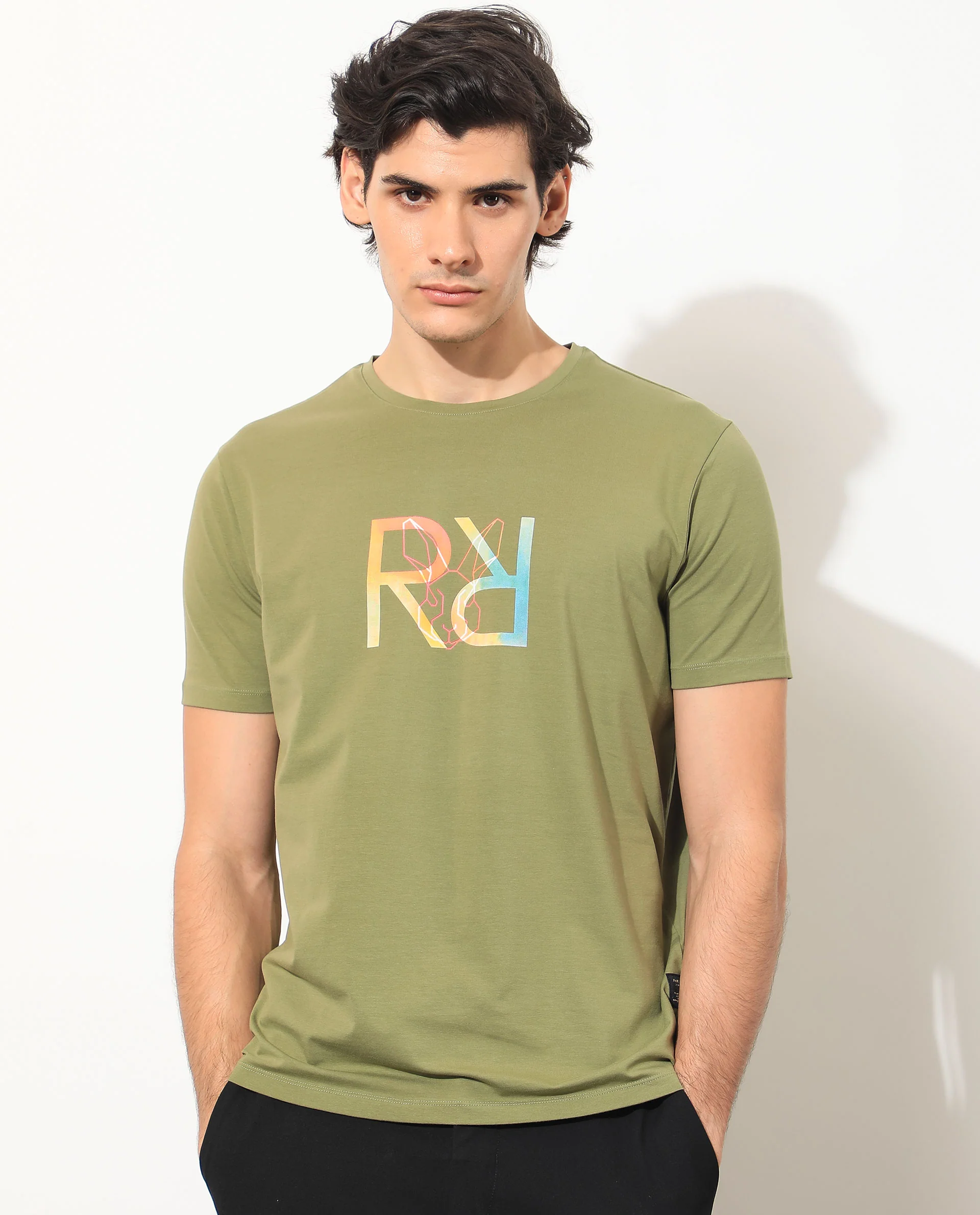 Rare Rabbit Men's Tack Olive Cotton Graphic Print Regular Fit Half Sleeve Crew Neck T-Shirt - Image 8