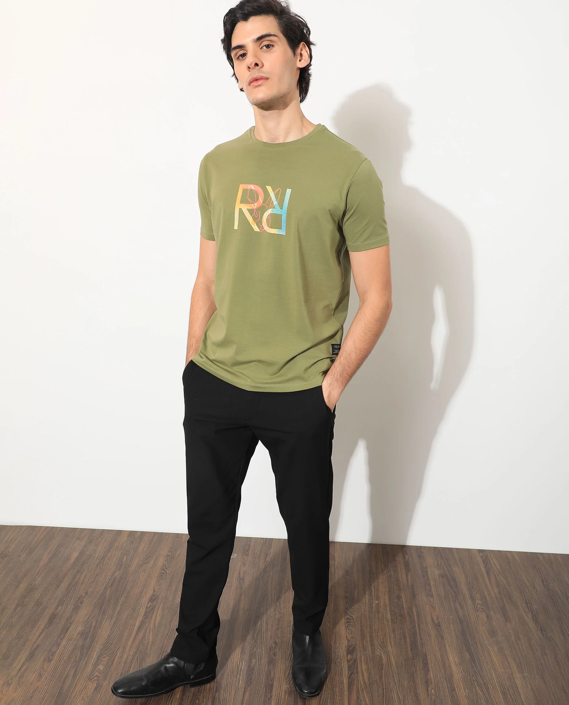 Rare Rabbit Men's Tack Olive Cotton Graphic Print Regular Fit Half Sleeve Crew Neck T-Shirt - Image 9