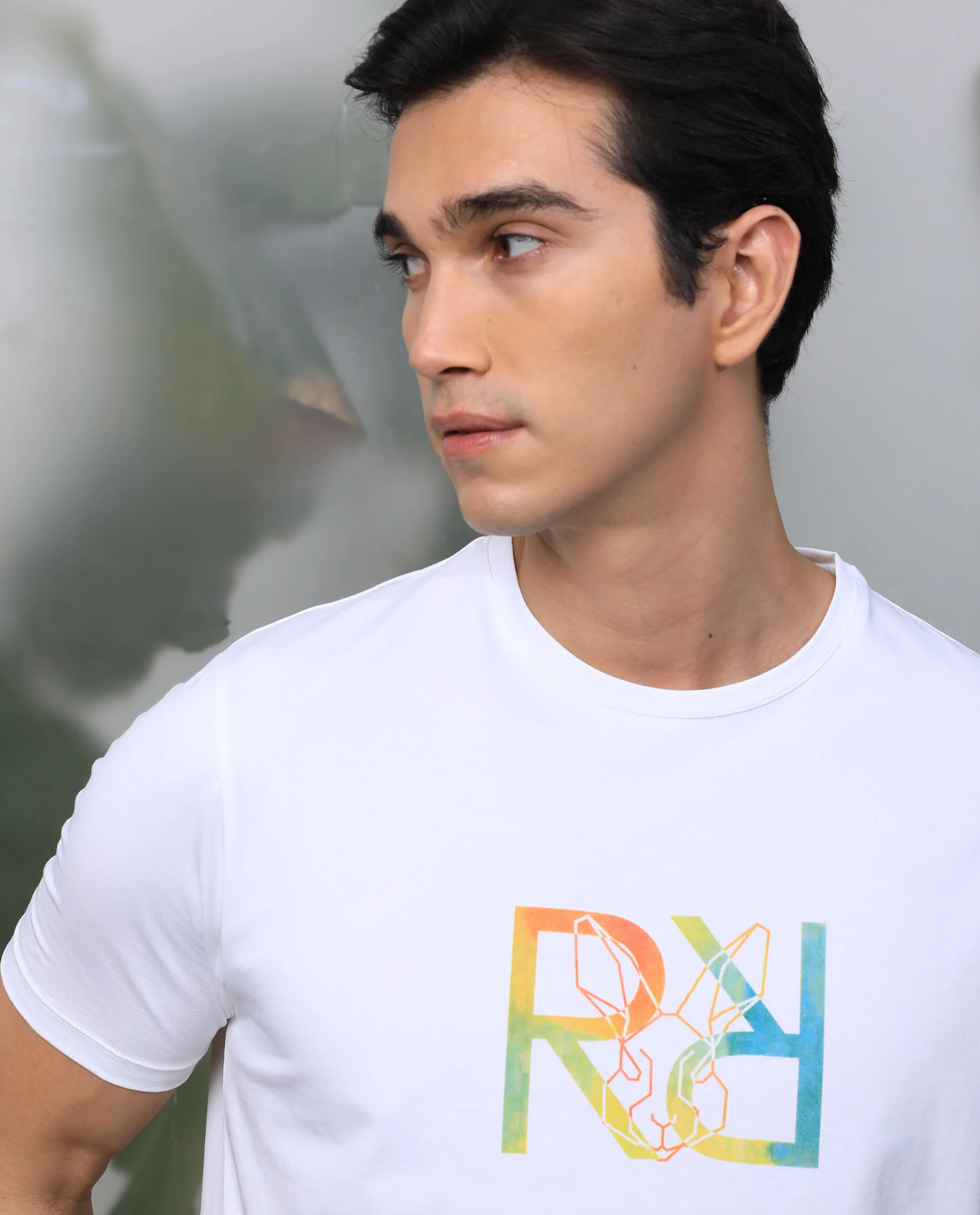 Rare Rabbit Men's Tack White Cotton Graphic Print Slim Fit Half Sleeve Crew Neck T-Shirt